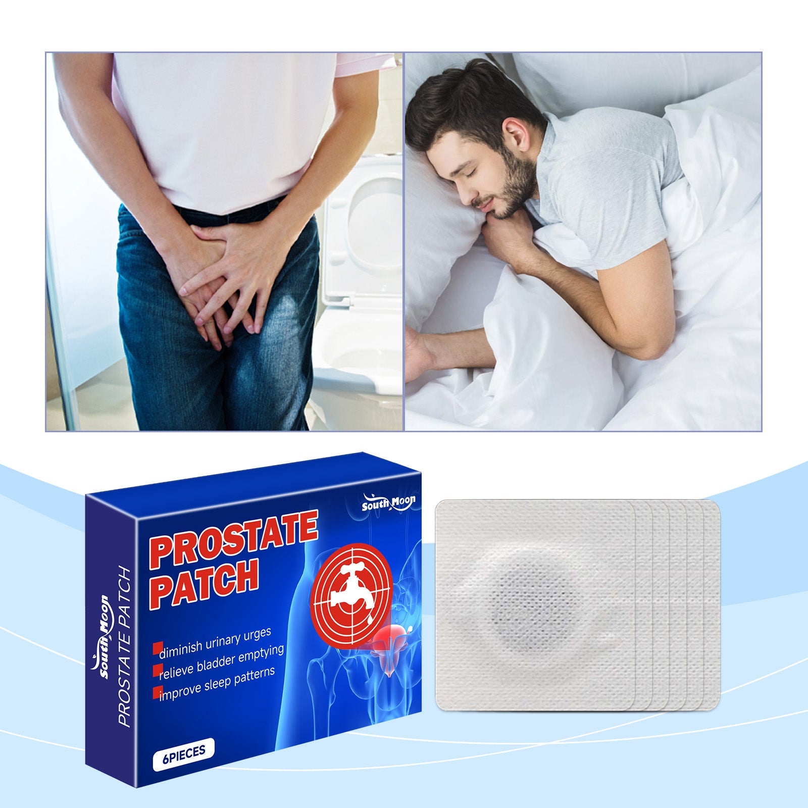 Split image showing discomfort symptoms (left: man holding lower abdomen) and relief (right: man sleeping peacefully)