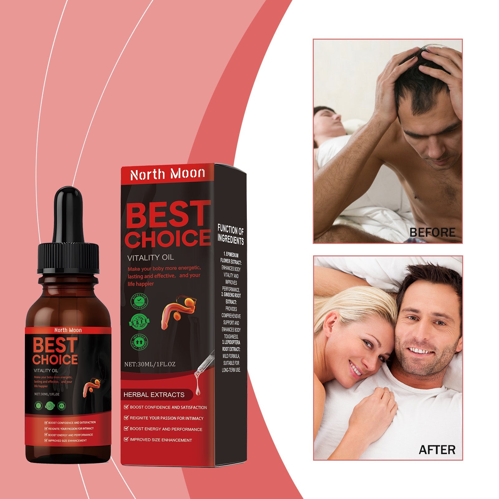 Happy couple in intimate embrace on bed with text overlays 'ENHANCE VITALITY' and 'IMPROVE SELF-CONFIDENCE'