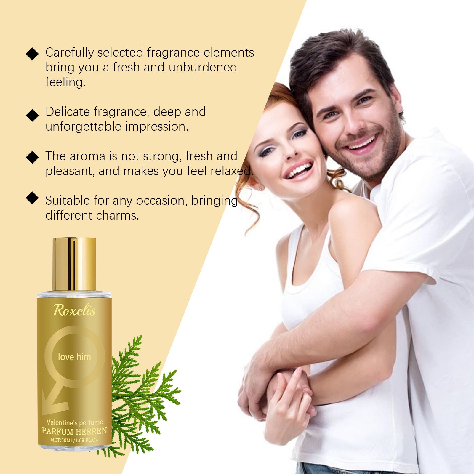 Happy couple about to kiss with gift messaging and botanical decorative elements on gold background