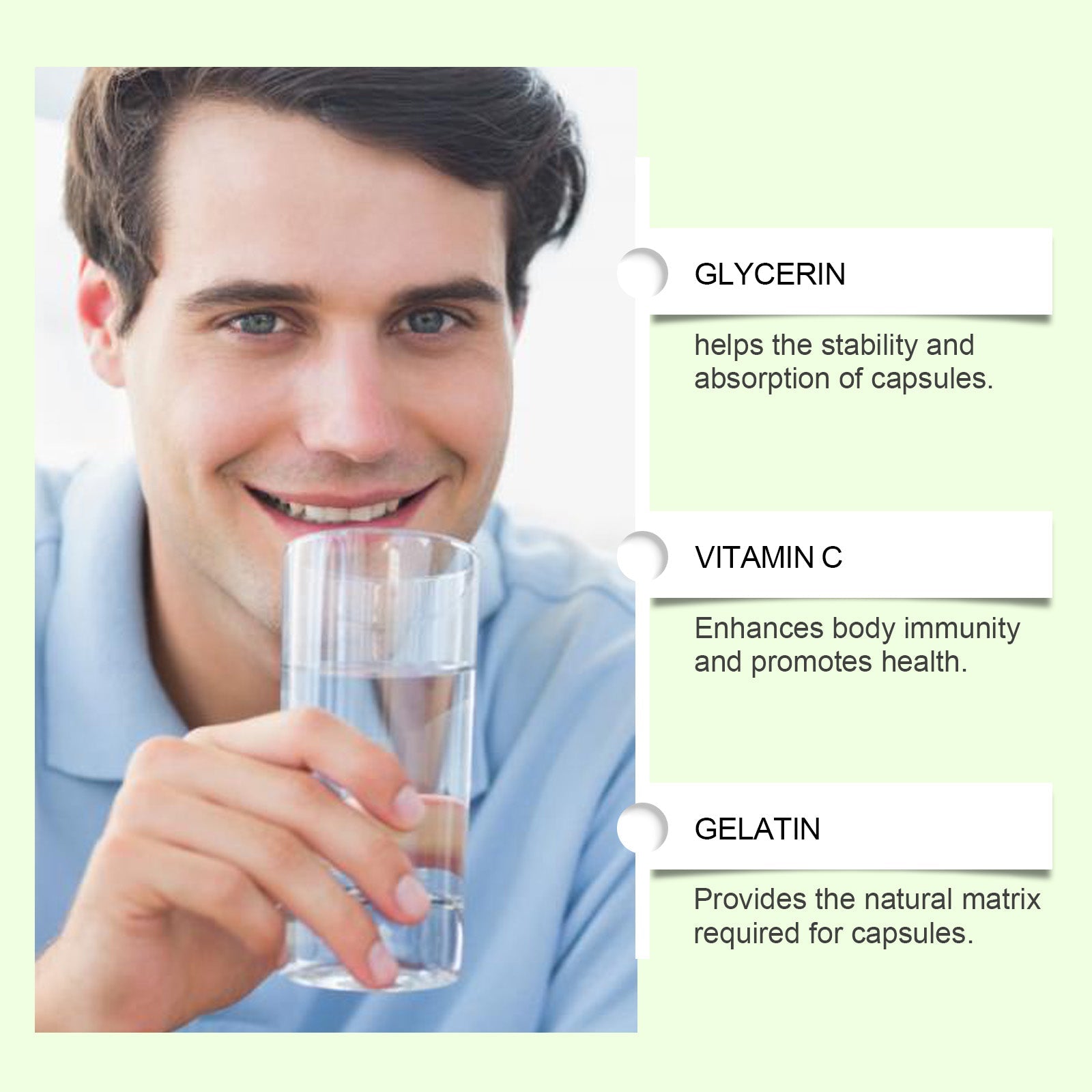 Male model holding water glass with key ingredient callouts: Glycerin, Vitamin C, and Gelatin