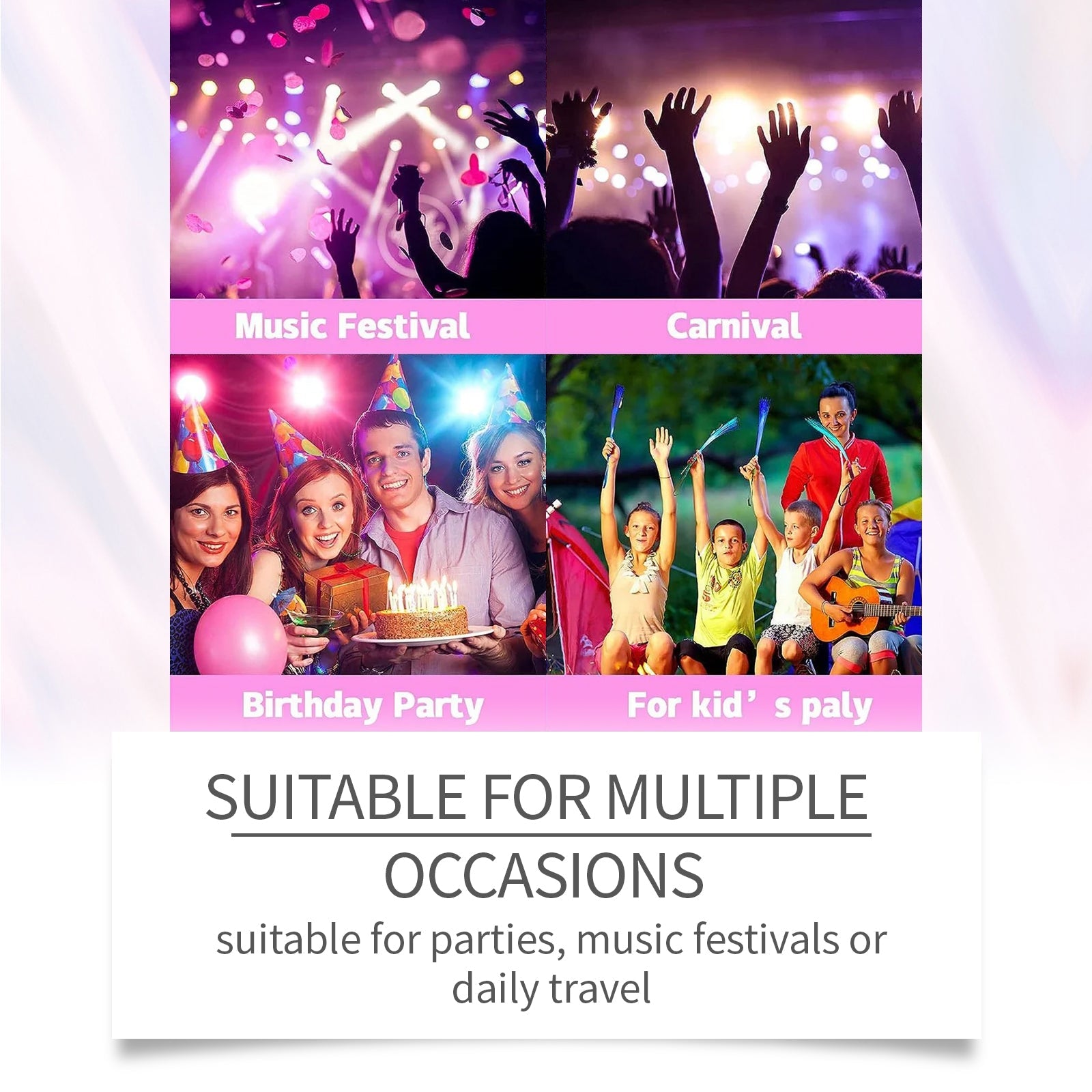 Montage grid showing four party scenarios: music festival crowd with lights, birthday party with cake, children's party with toys, and kids celebrating outdoors