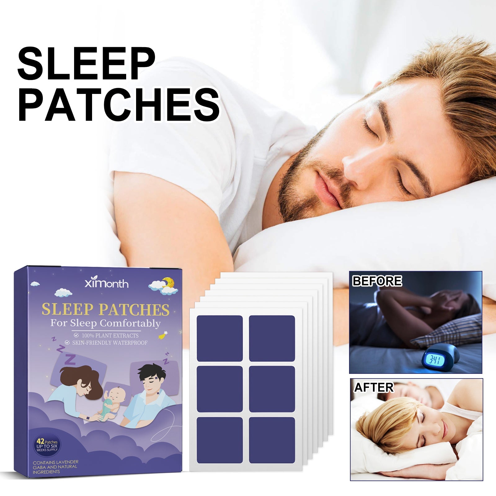 Family of four (man, woman, young girl, young boy) sleeping peacefully in bed with visible navy sleep patches on skin