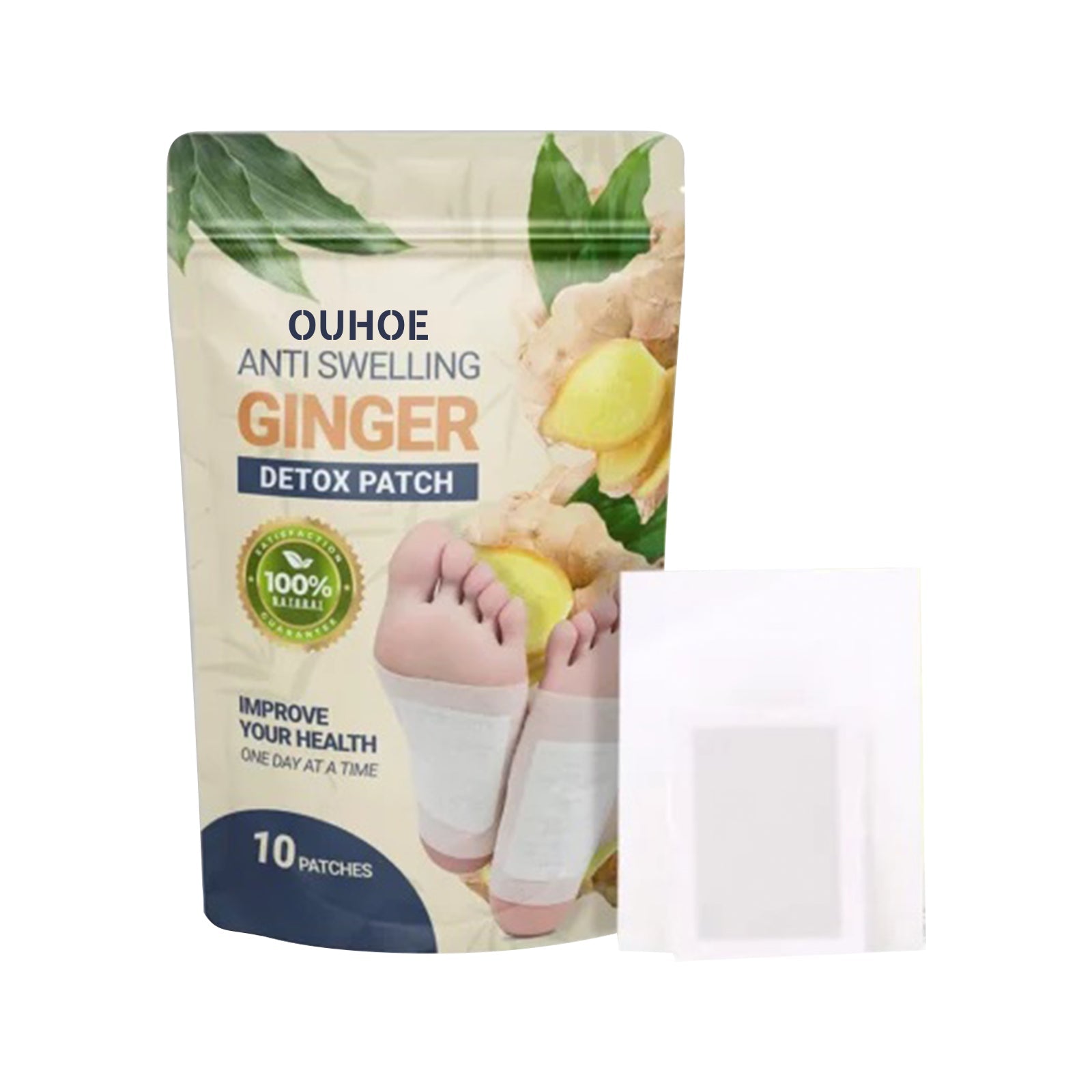 Full front view of OUHOE Ginger Detox Patch pouch with ginger imagery, 100% natural seal, and 10 patches count clearly visible