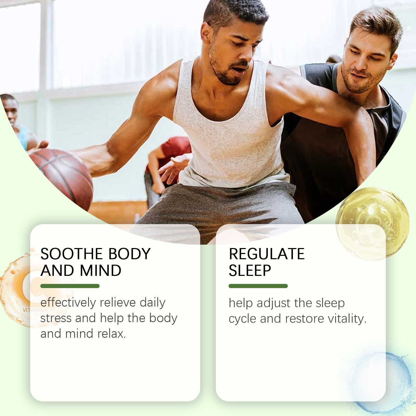 Male runner in focused sprint pose outdoors with dietary supplement claim text below