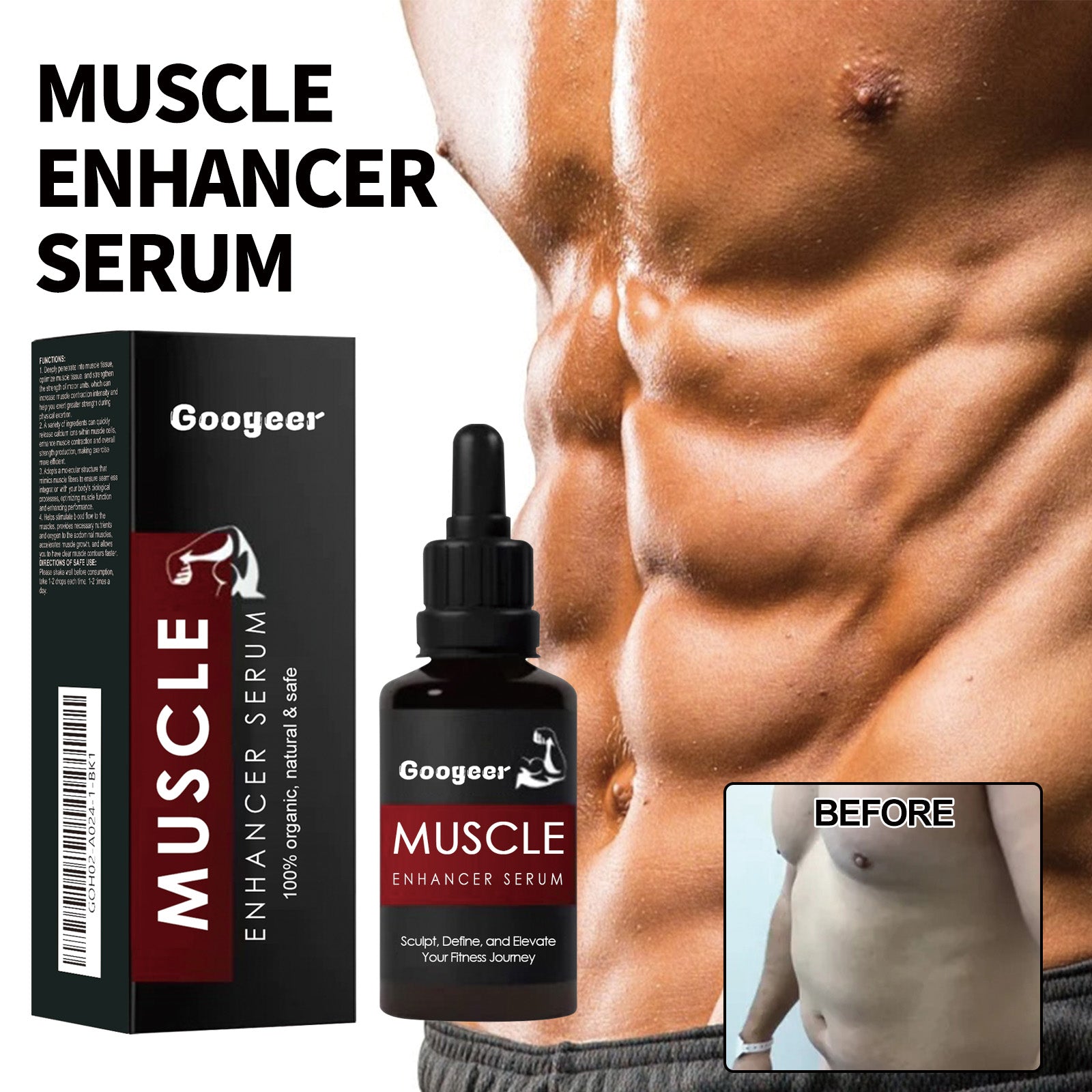 Shirtless muscular male torso showing defined abdominals with inset before photo comparison showing less defined body