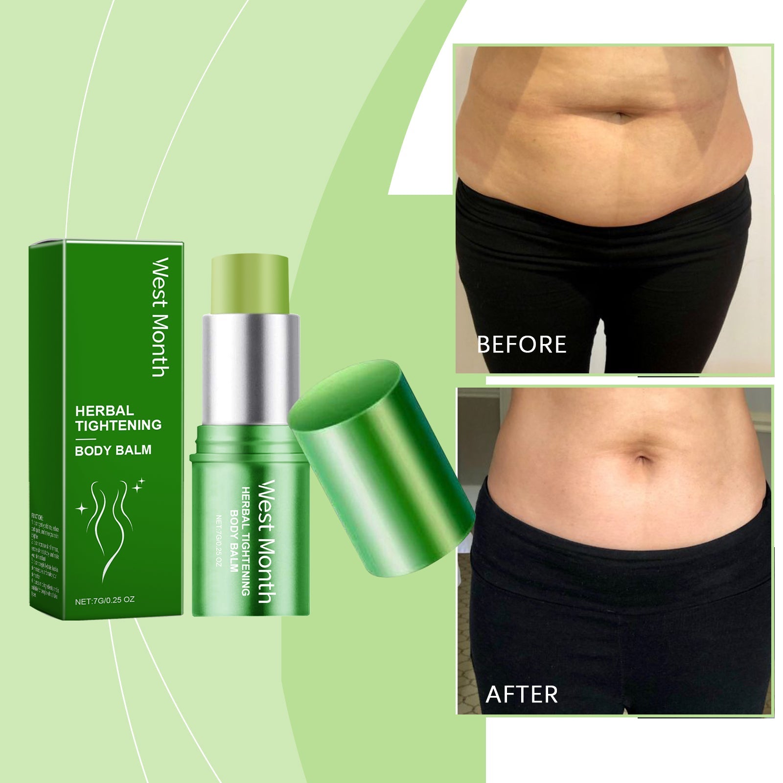 Before and after comparison on pale background showing abdominal area with visible tightening, improved skin firmness, and reduced loose skin appearance