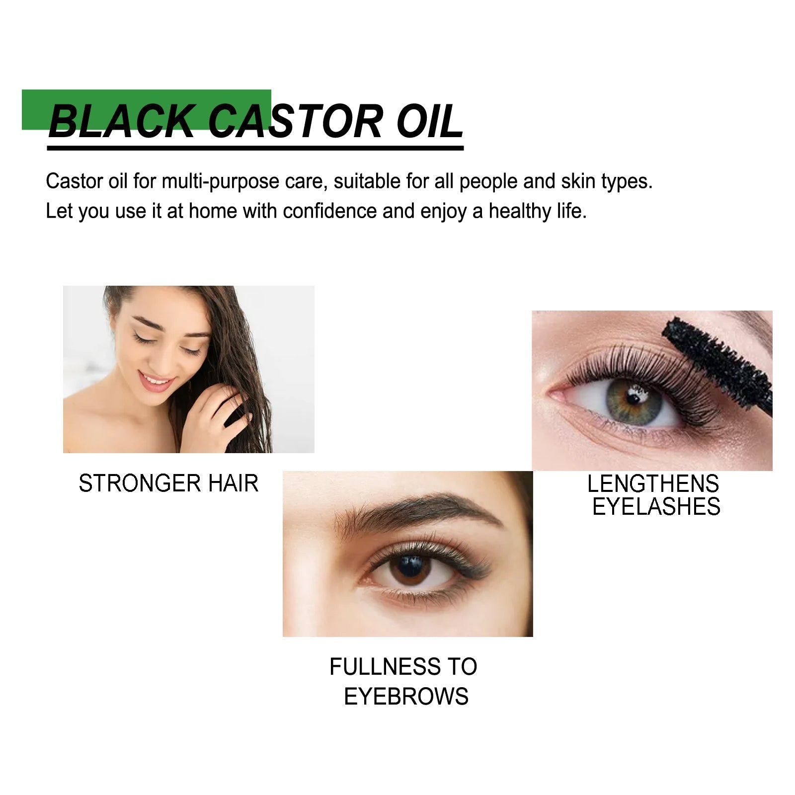 Three application benefits highlighted: stronger hair on woman's scalp, lengthened eyelashes on close-up eye, and fuller eyebrows on male model