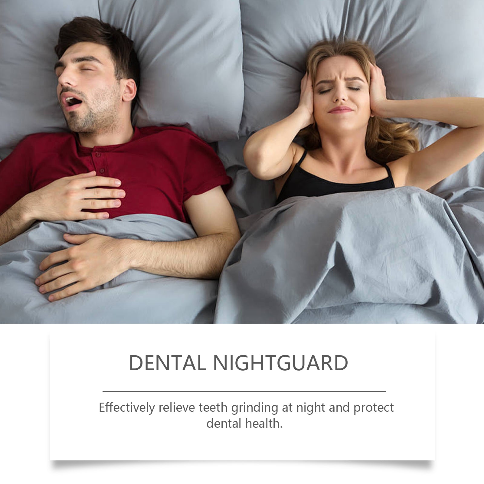Couple in bed—man snoring openly, woman disturbed and frustrated covering ears