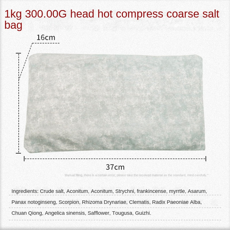 Detailed spec sheet for head hot compress coarse salt bag with same dimensions and alternative herb formulation