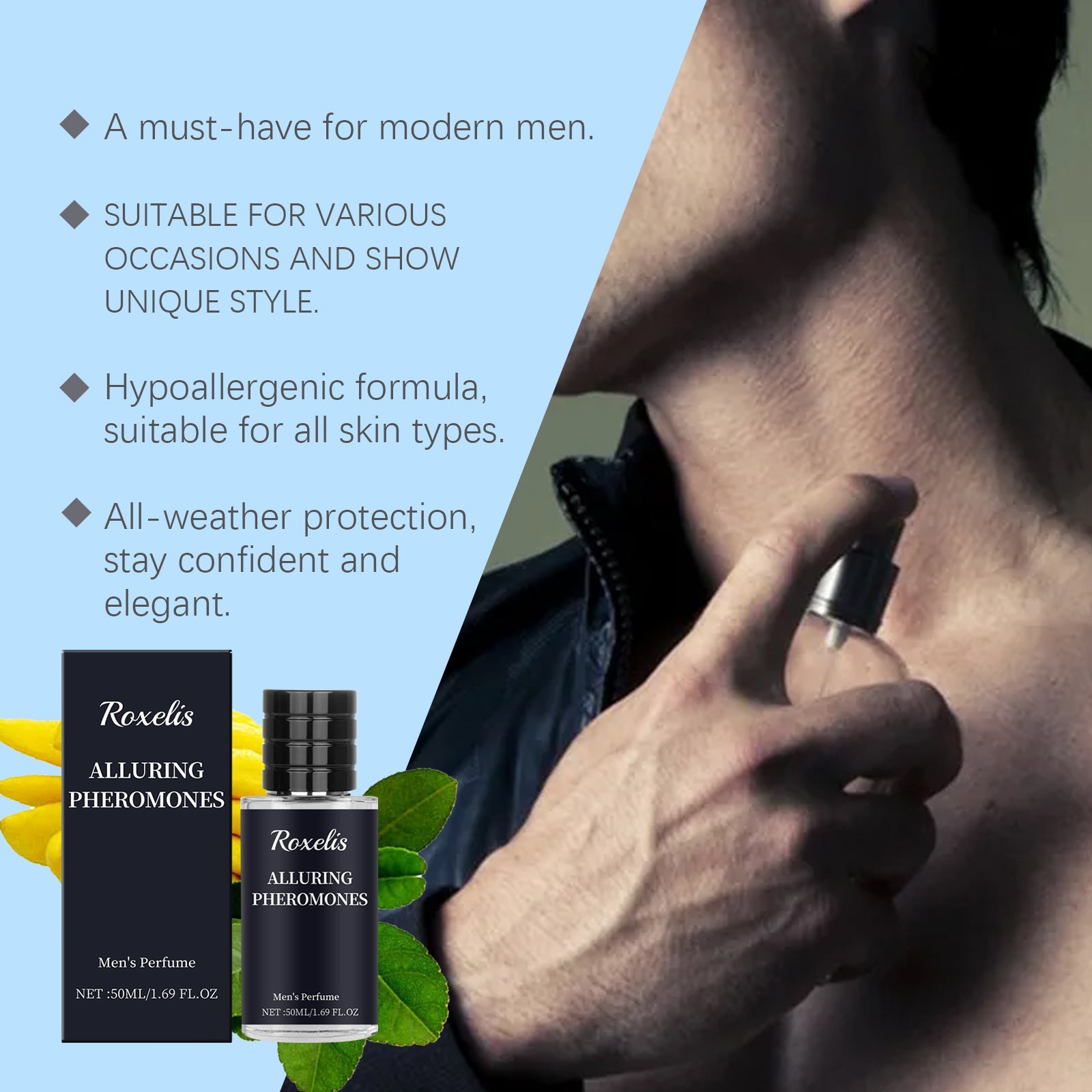 Man applying fragrance with product claims overlay about hypoallergenic formula and versatile styling
