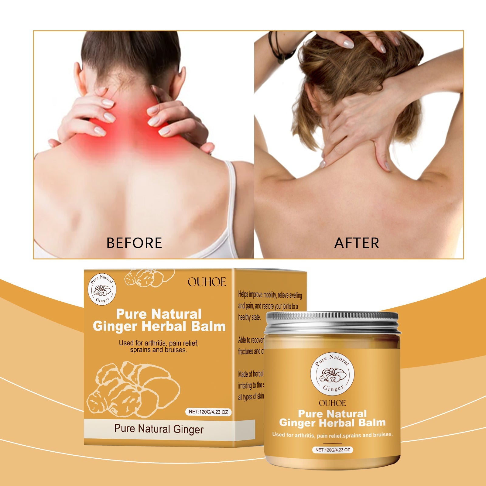 Marketing layout highlighting two key benefits: 'Relieve Joints' and 'Deep Nourishment' with shoulder pain visualization
