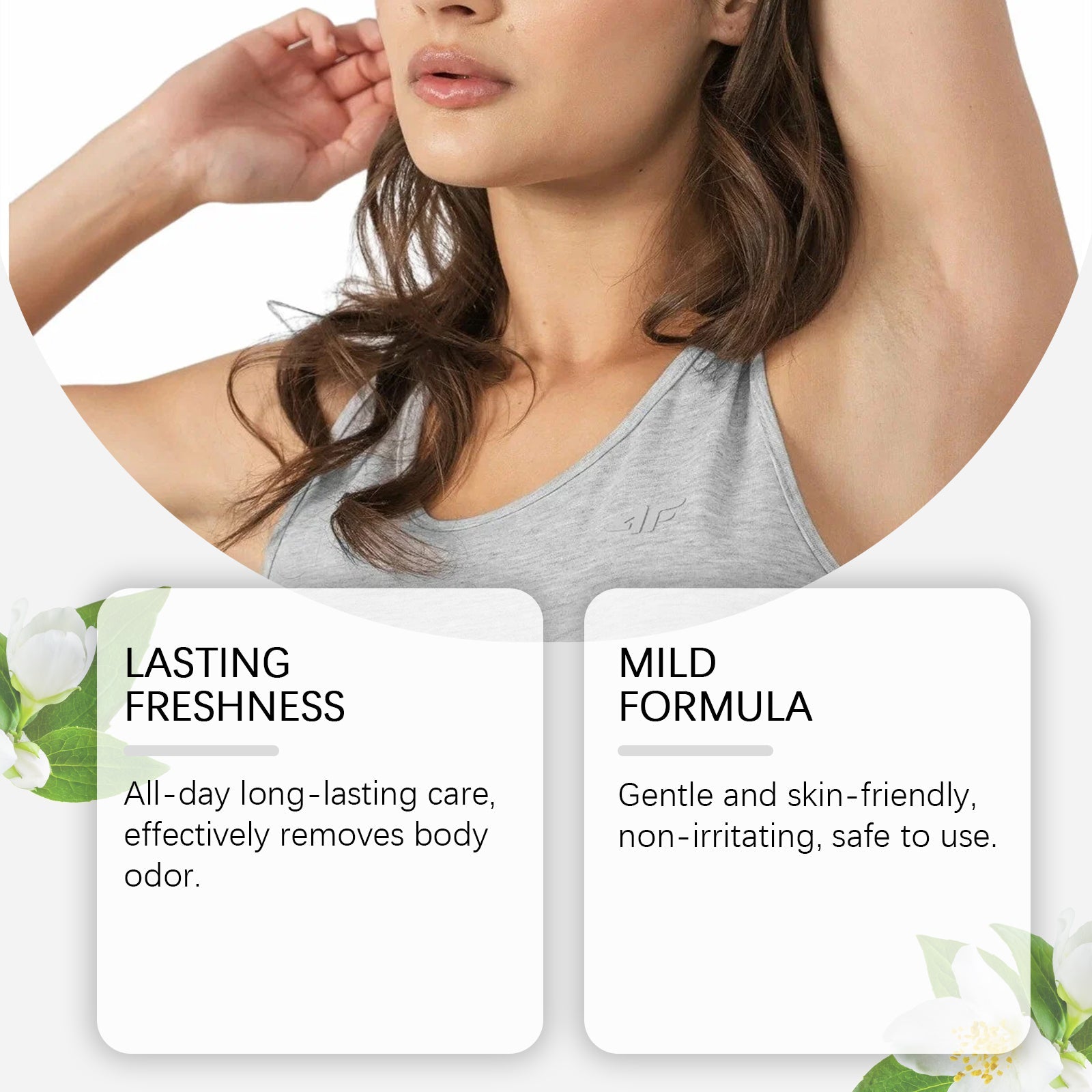 Close-up of woman's underarm showing application area with two benefit callouts: 'Lasting Freshness' and 'Mild Formula'