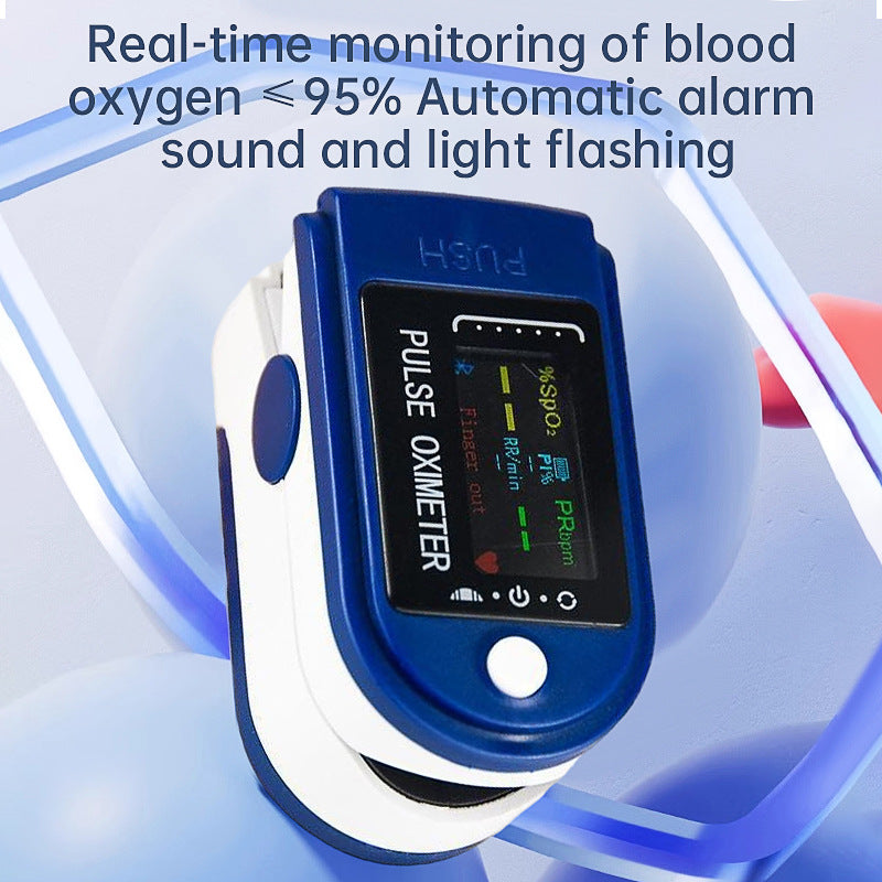 Product detail showing real-time monitoring capability with automatic alarm feature at ≤95% SpO2 threshold with sound and light alerts