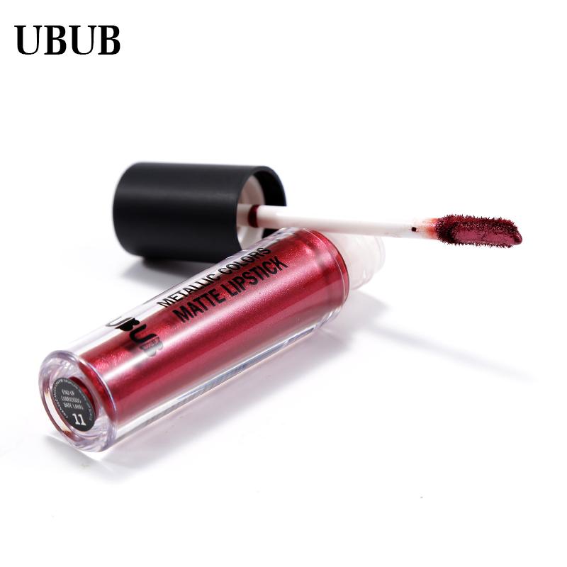 Single burgundy metallic liquid lipstick tube with applicator wand showing product texture and metallic formula