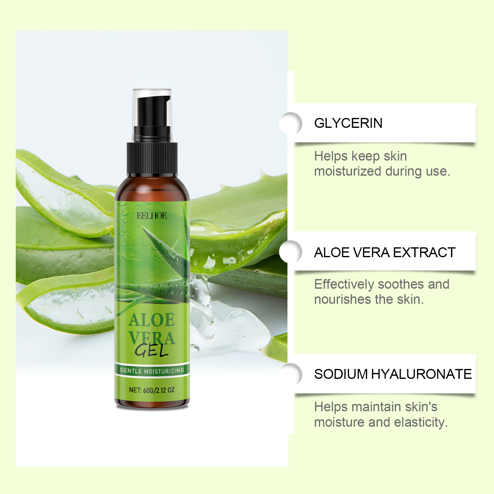 Woman with glowing radiant skin touching her face gently against soft green botanical background with aloe leaf motif