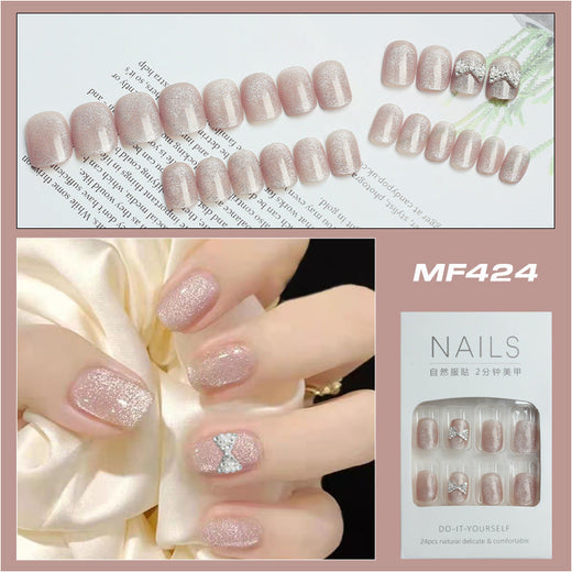 Short Cat Eye Press-On Nails With Sparkling Butterfly Shimmer