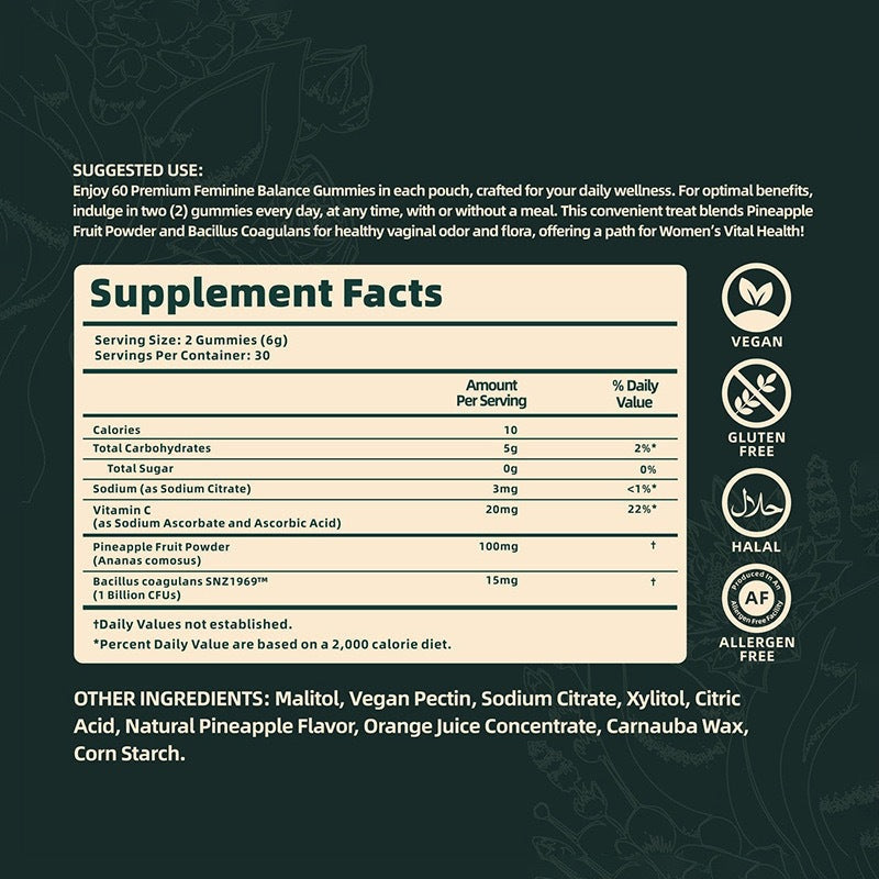 Back panel of resealable pouch with suggested use instructions, supplement facts table, and certification badges