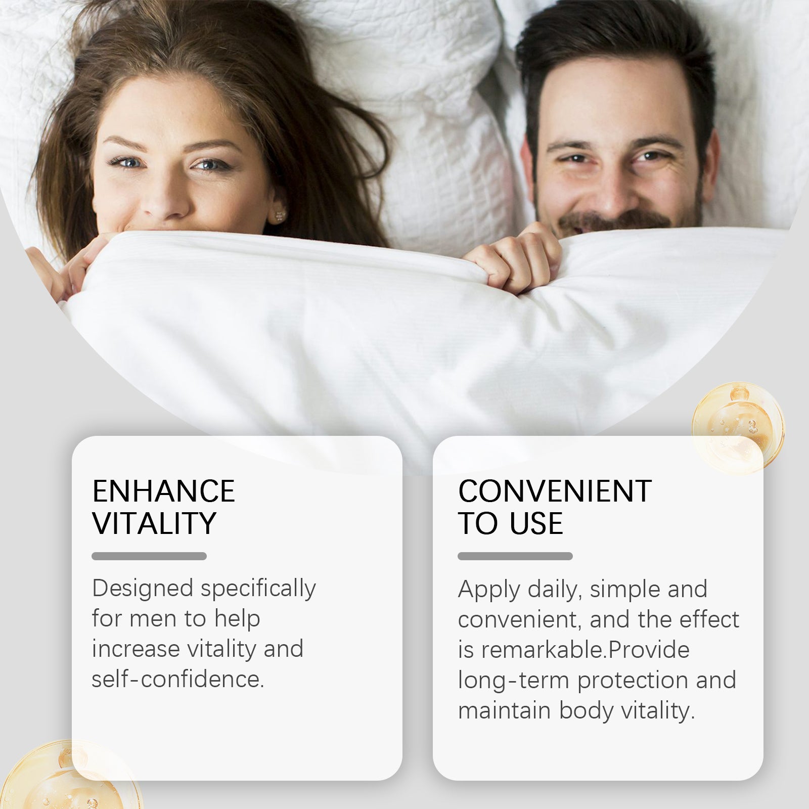 Young couple in bed displaying playful intimacy with feature cards highlighting vitality enhancement and convenient daily use