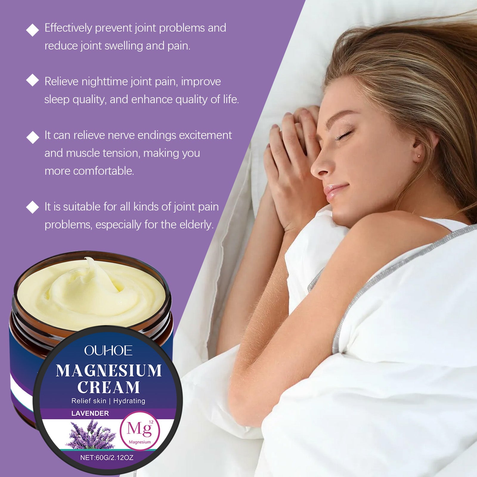 Lifestyle image showing comfortable woman at rest with key benefit claims highlighted: joint pain relief, sleep improvement, muscle tension relief, and elderly suitability