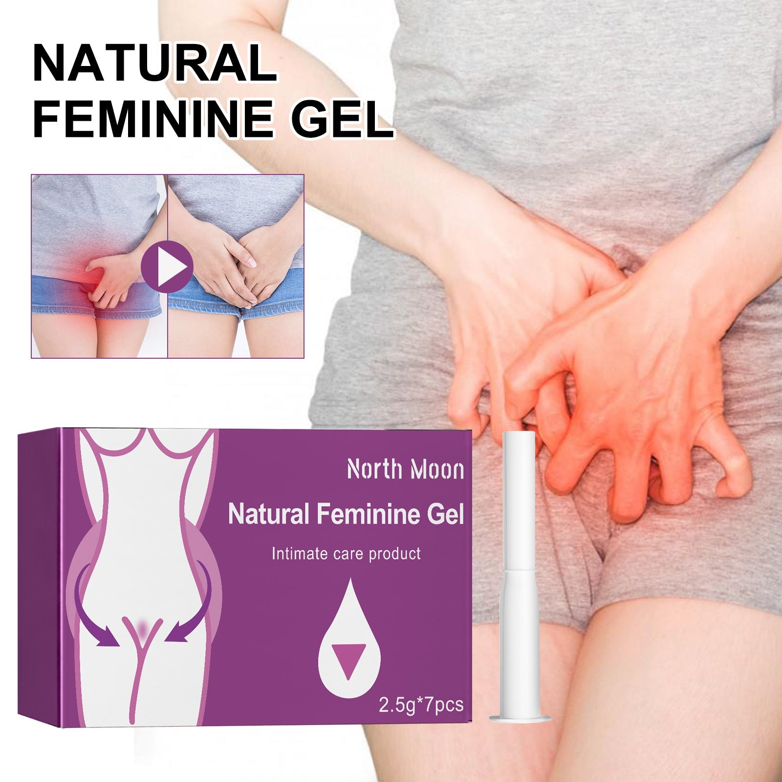 North Moon Natural Feminine Gel box with purple branding, anatomical illustration, and product tube