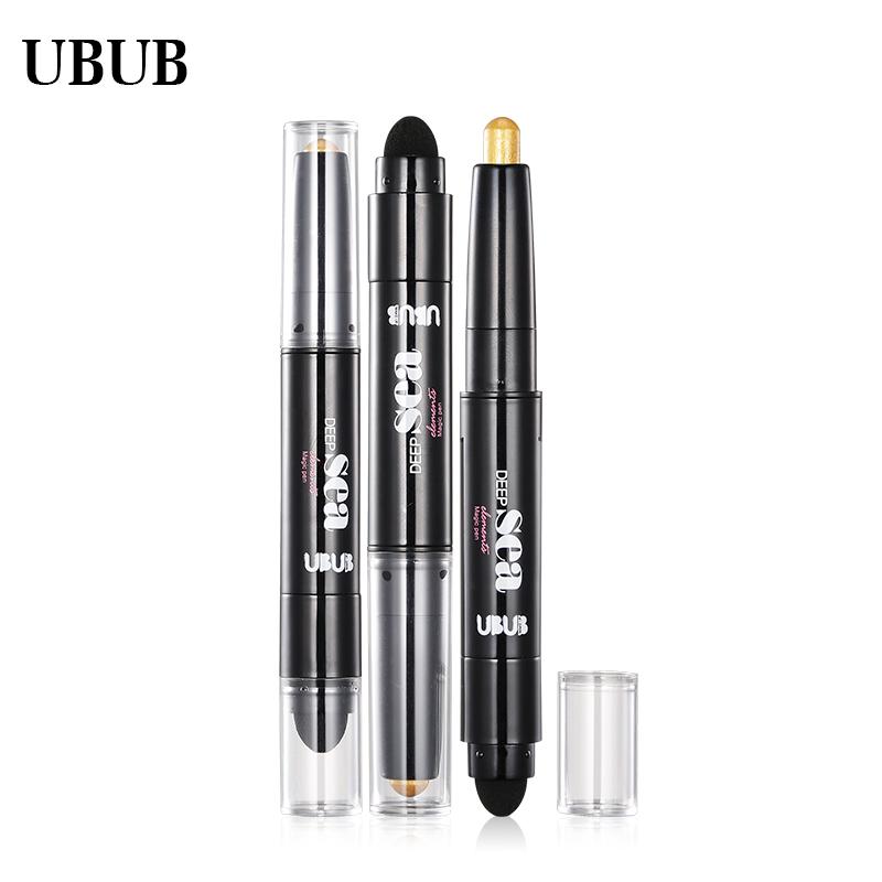 Product lineup showing four eye pencils with clear protective tubes and various applicator formats: dual cushion-tip, single tip, and glitter variations