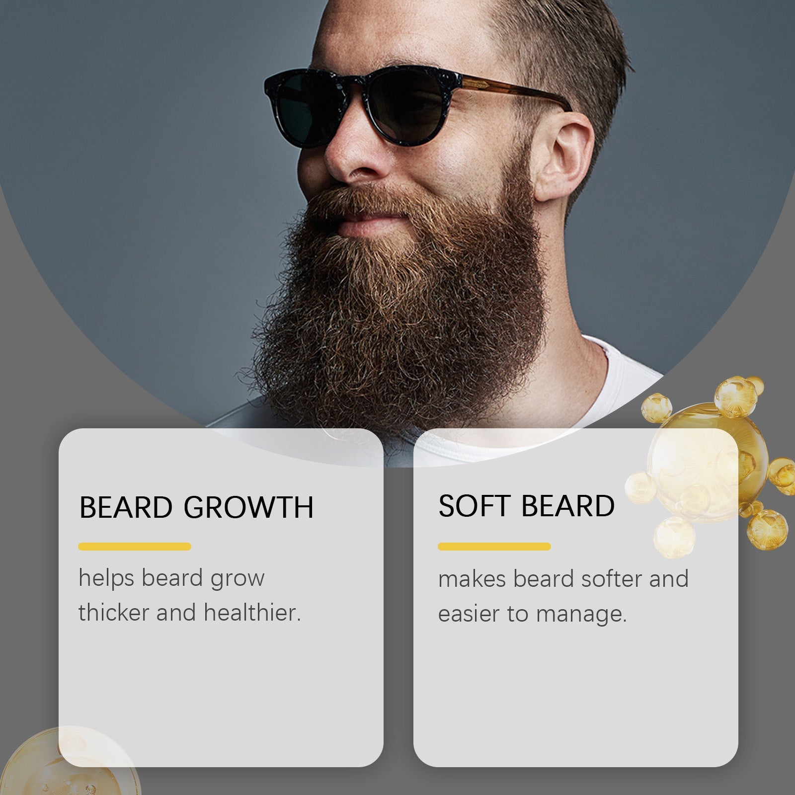 Portrait of bearded man with dense, healthy facial hair and two text callouts highlighting beard growth and softness benefits