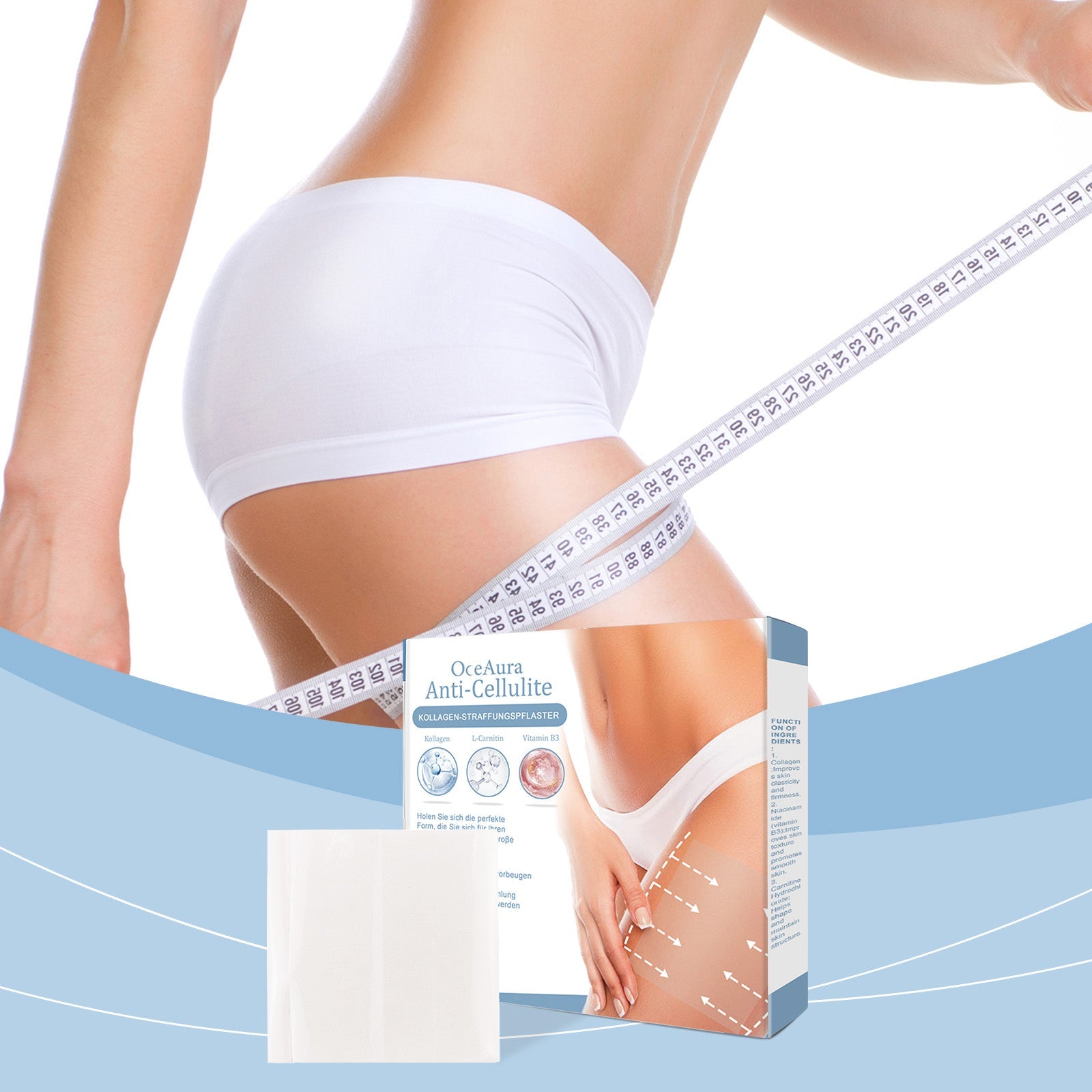 OceAura Anti-Cellulite collagen patches box with ingredients and product patch display
