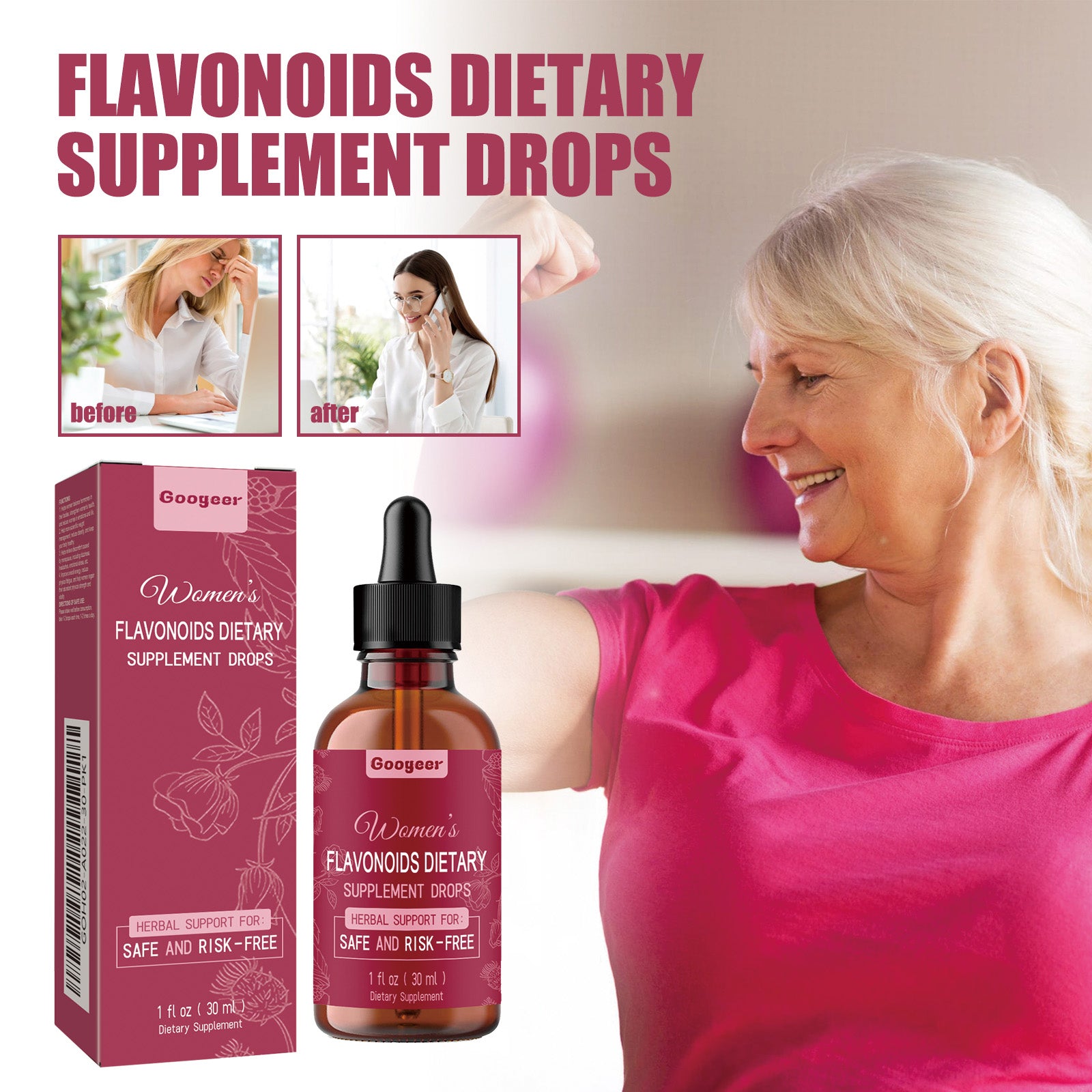 Lifestyle before/after imagery with mature woman transitioning from stressed/fatigued to confident/smiling, plus product showcase