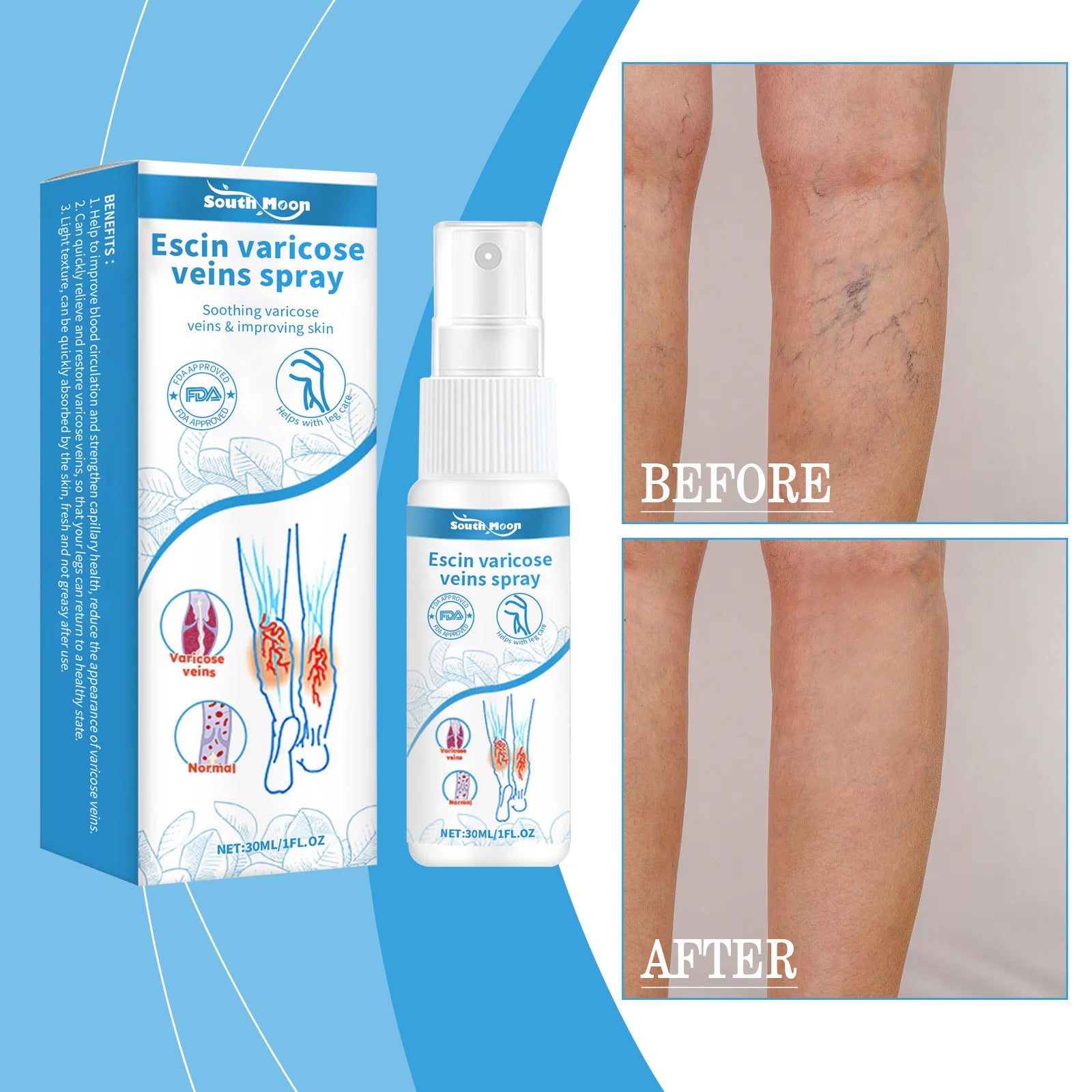 Woman in white towel applying spray to leg with ingredient callouts and benefit statements