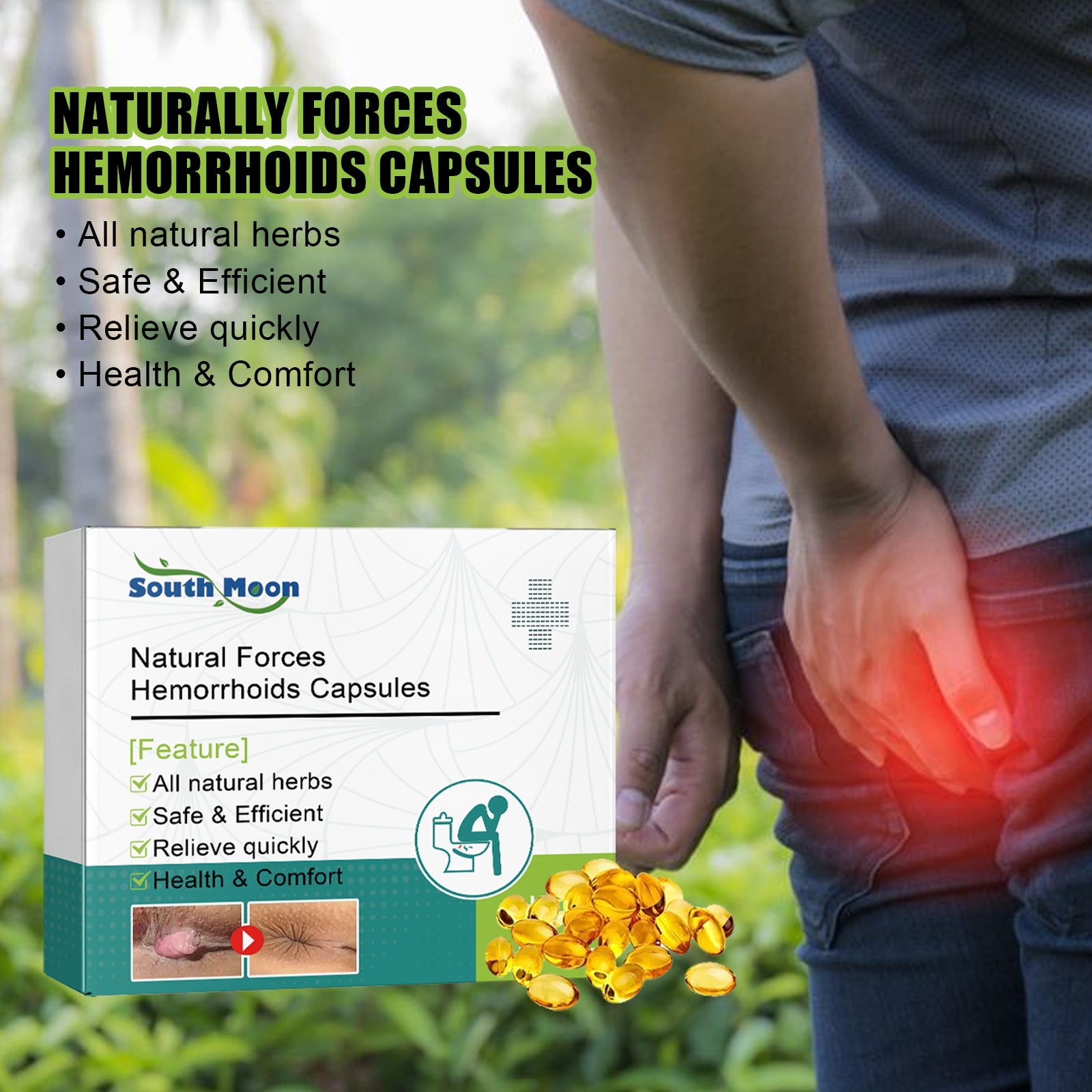 Person in outdoor setting experiencing hemorrhoid discomfort with red pain indicator on lower body