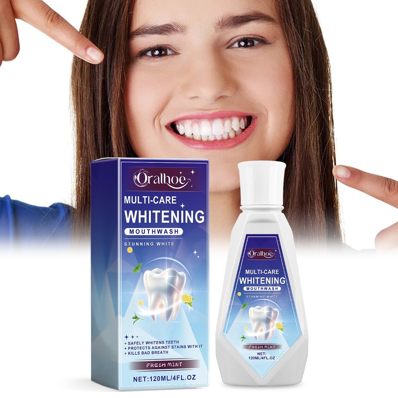 Oralhoe Multi-Care Whitening Mouthwash box and bottle side-by-side showing navy blue packaging with illustrative glowing tooth, fresh mint branding, and 120ml volume