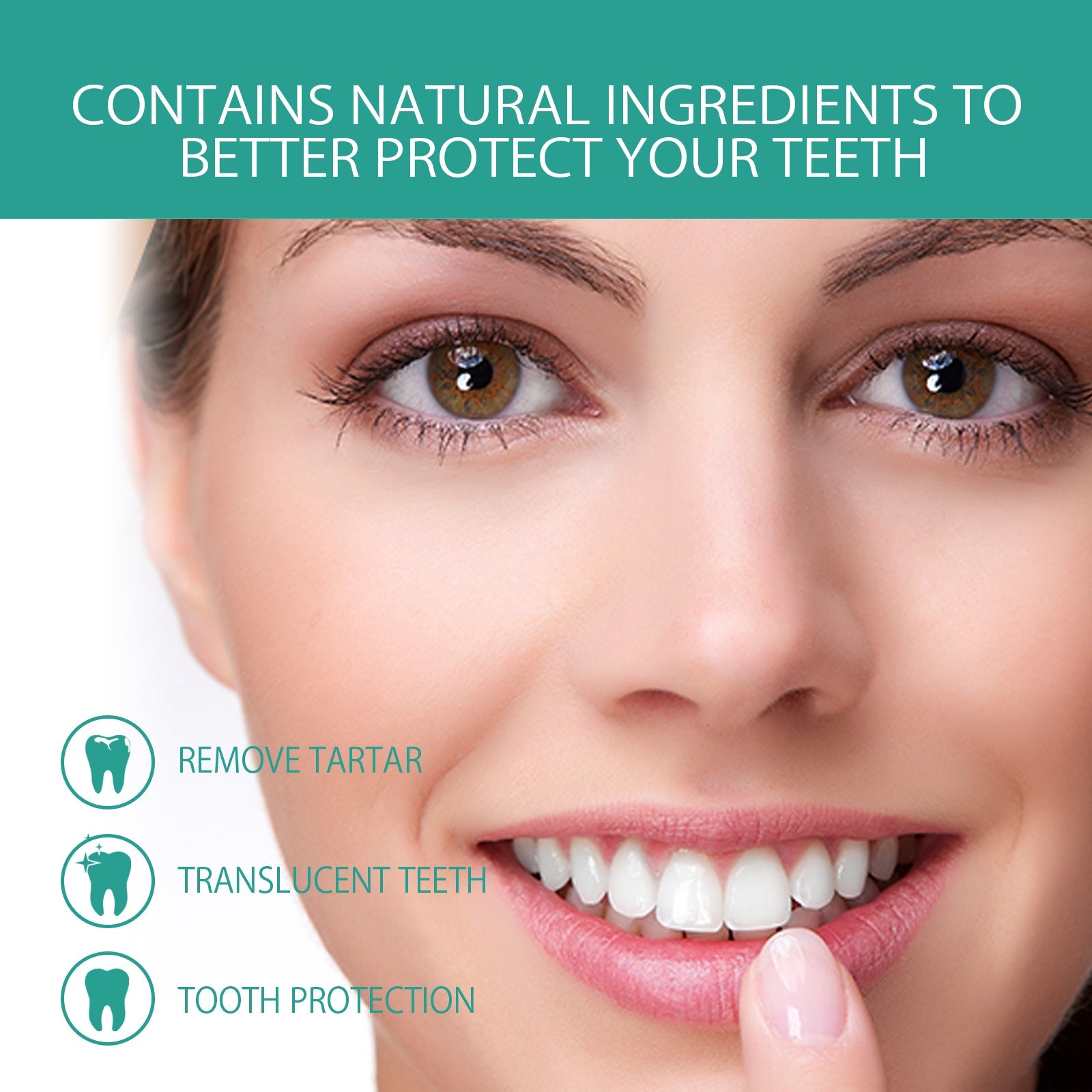 Split-face close-up highlighting tartar removal, translucent teeth, and tooth protection benefits