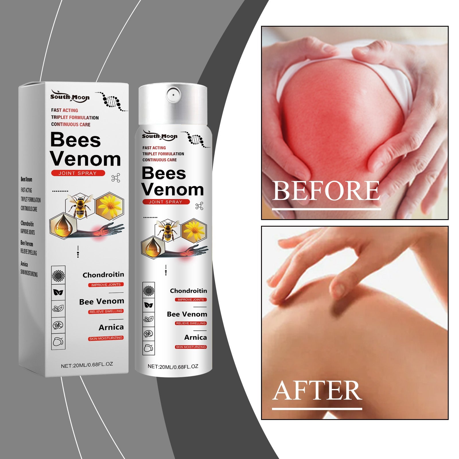 Person applying spray to knee with lifestyle context showing both relief benefits