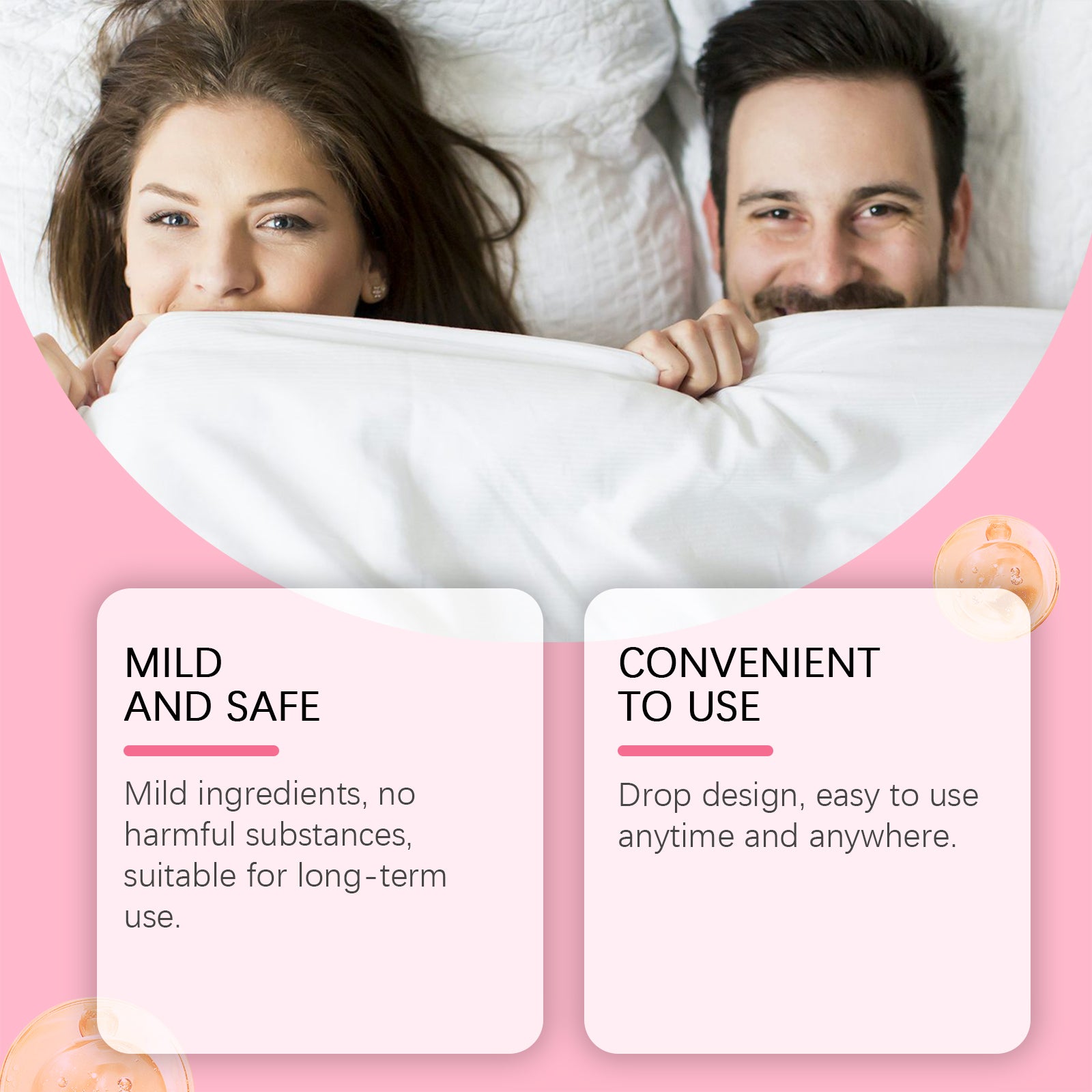 Couple in bed with two white text cards highlighting 'Mild and Safe' and 'Convenient to Use' benefits