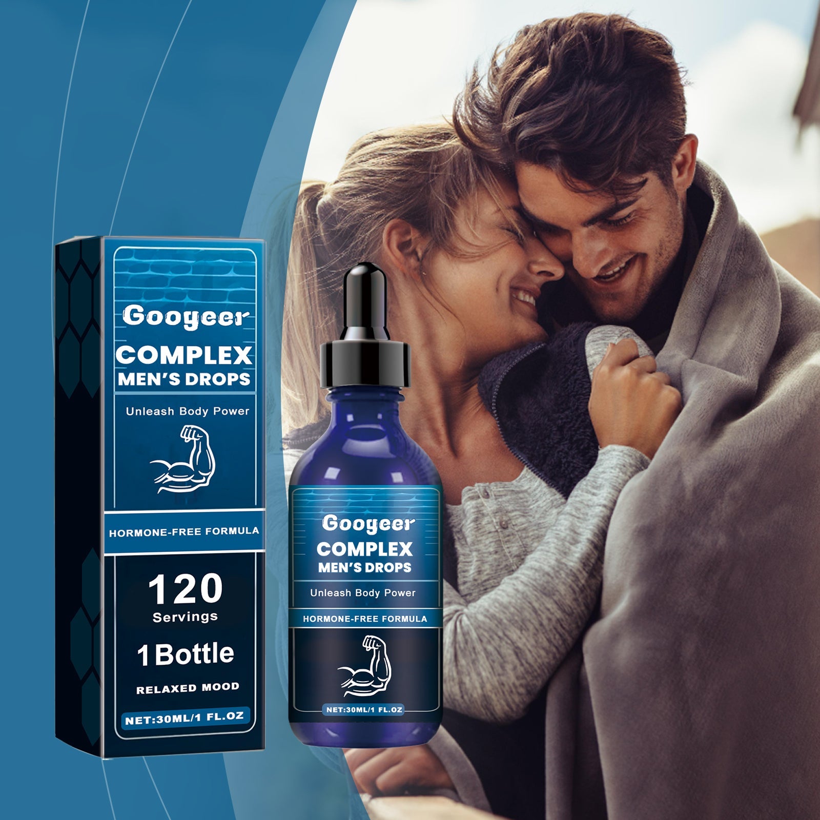 Couple outdoors smiling together with product