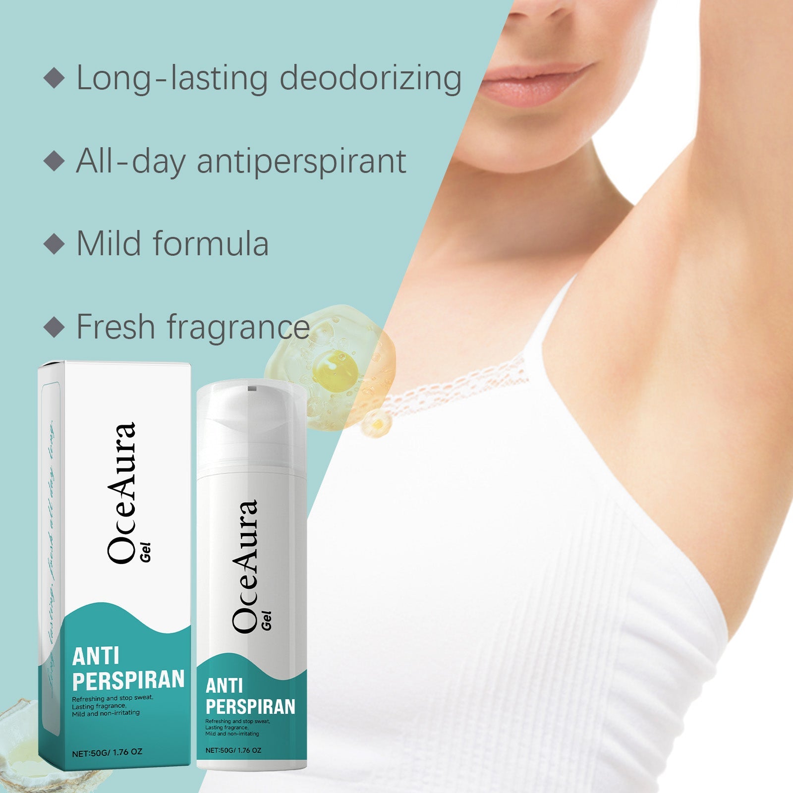 Close-up of underarm area showing fresh dry skin with key benefit callouts: long-lasting deodorizing, all-day antiperspirant, mild formula, fresh fragrance