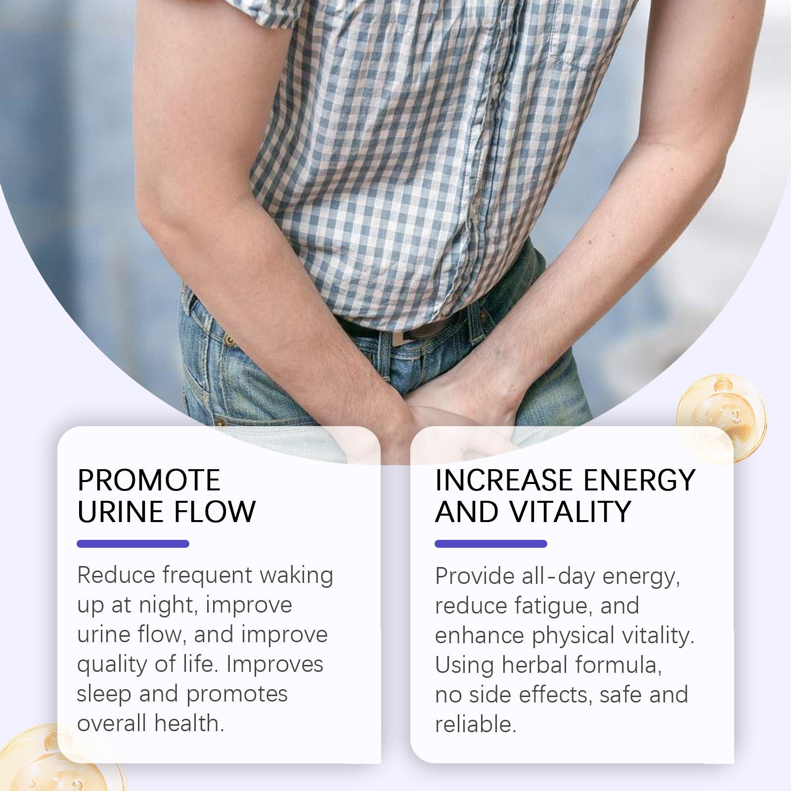 Product box alongside brewed tea with lifestyle imagery of man experiencing abdominal discomfort highlighted in red, set against purple gradient background with ingredient molecules