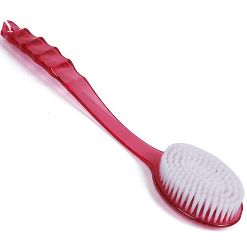 Pink long-handled bath brush detail shot showing ergonomic handle and bristle head