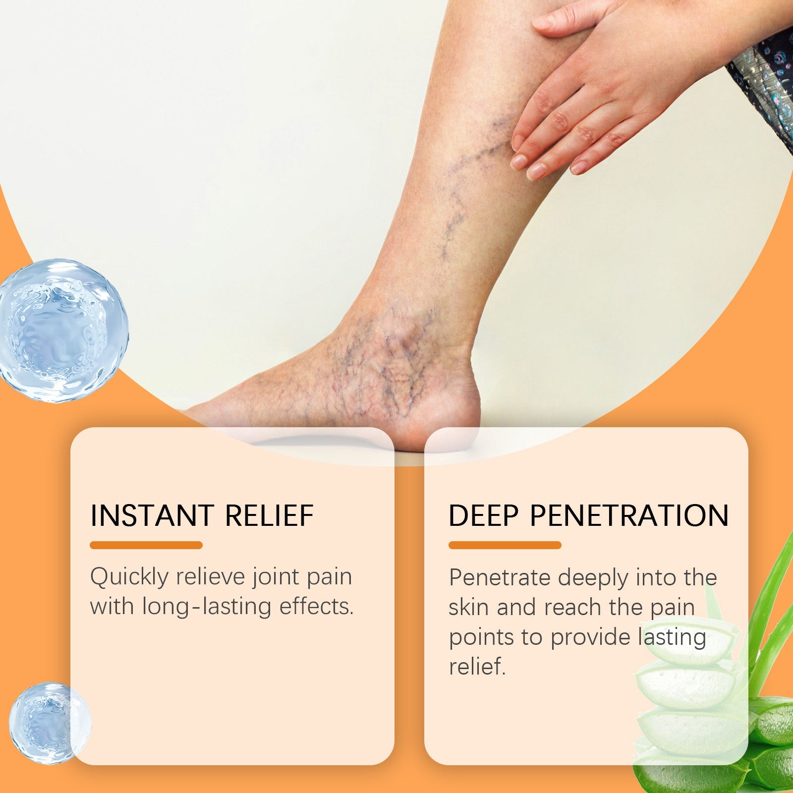 Woman's legs elevated showing smooth, toned appearance with product jar and aloe vera plant beside her, orange background with benefit bullets
