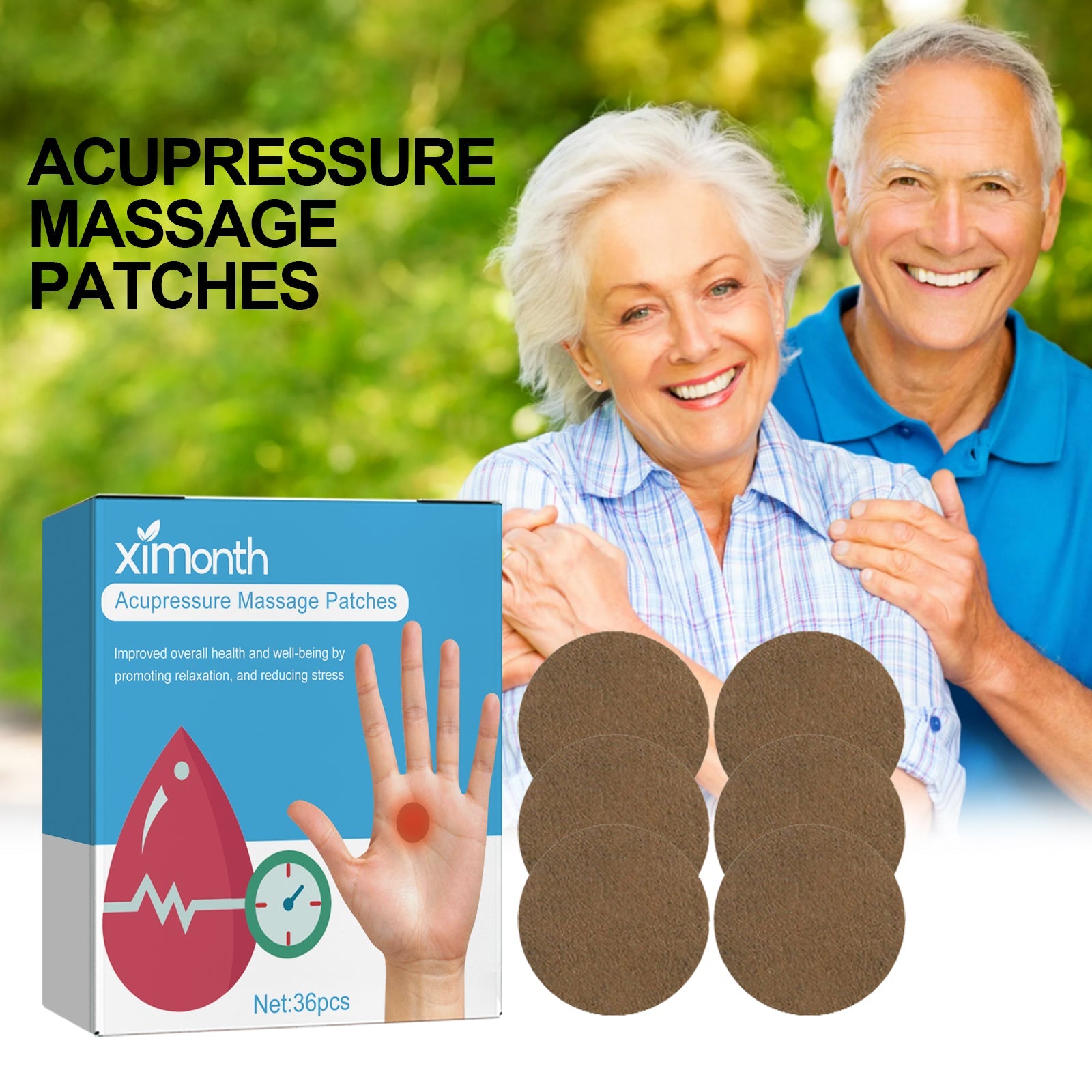 Close-up of four tan acupressure patches arranged in grid