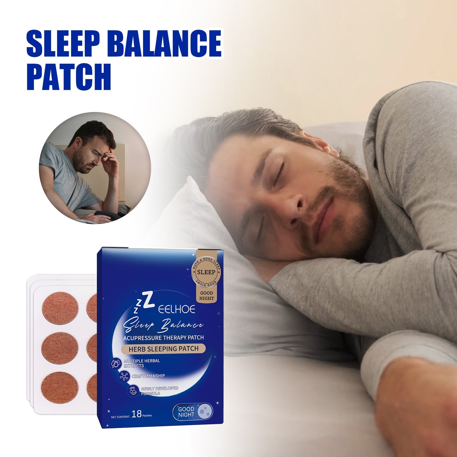 Full box presentation of EELHOE Sleep Balance Herb Sleeping Patch showing front label with acupressure claims and herbal extract icons