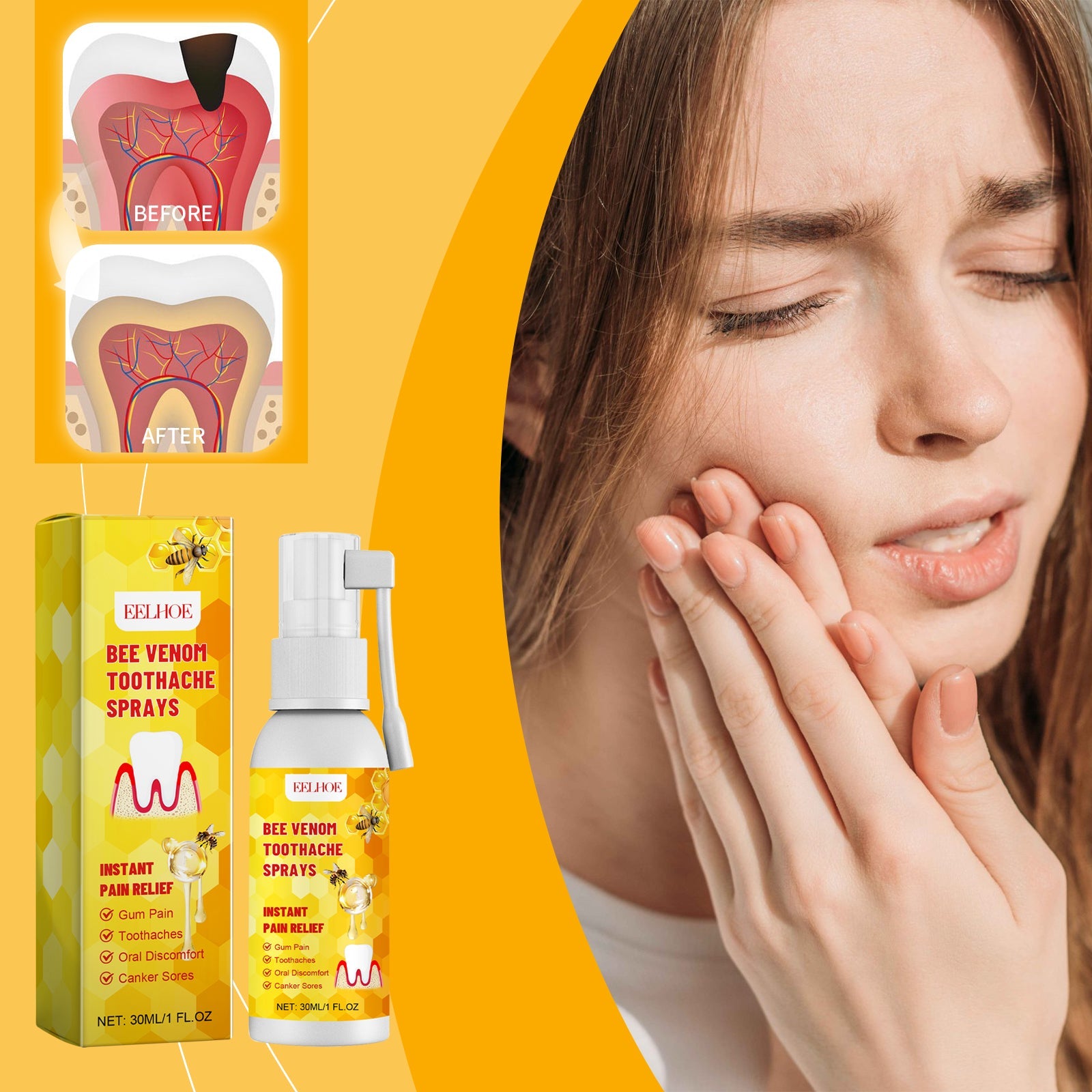 Close-up of woman applying spray with key benefits text: borneol cooling/calming/refreshing, precise nozzle design, bee venom analgesia