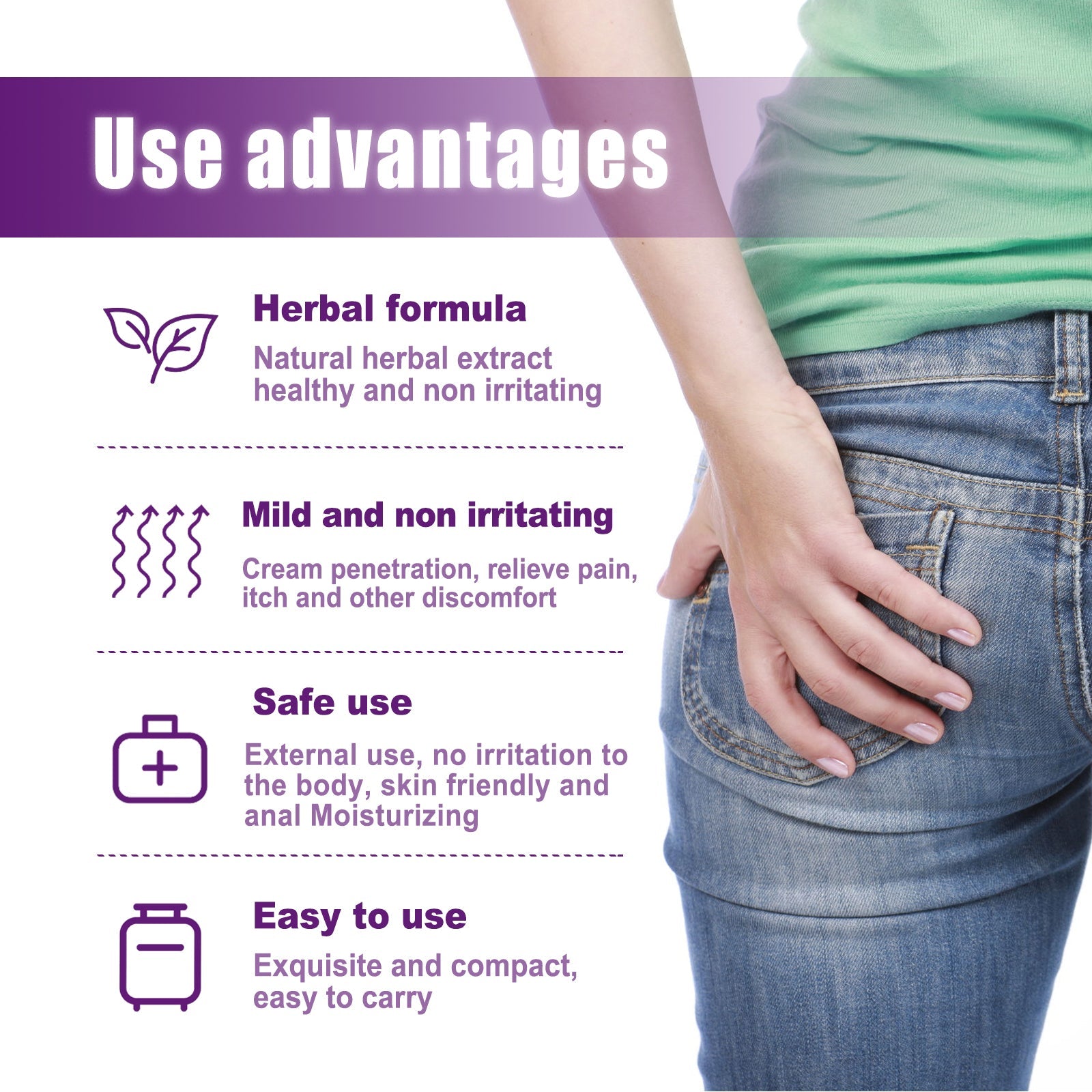 Use advantages infographic showing herbal formula, mild non-irritating cream penetration, safe external use, and easy portability