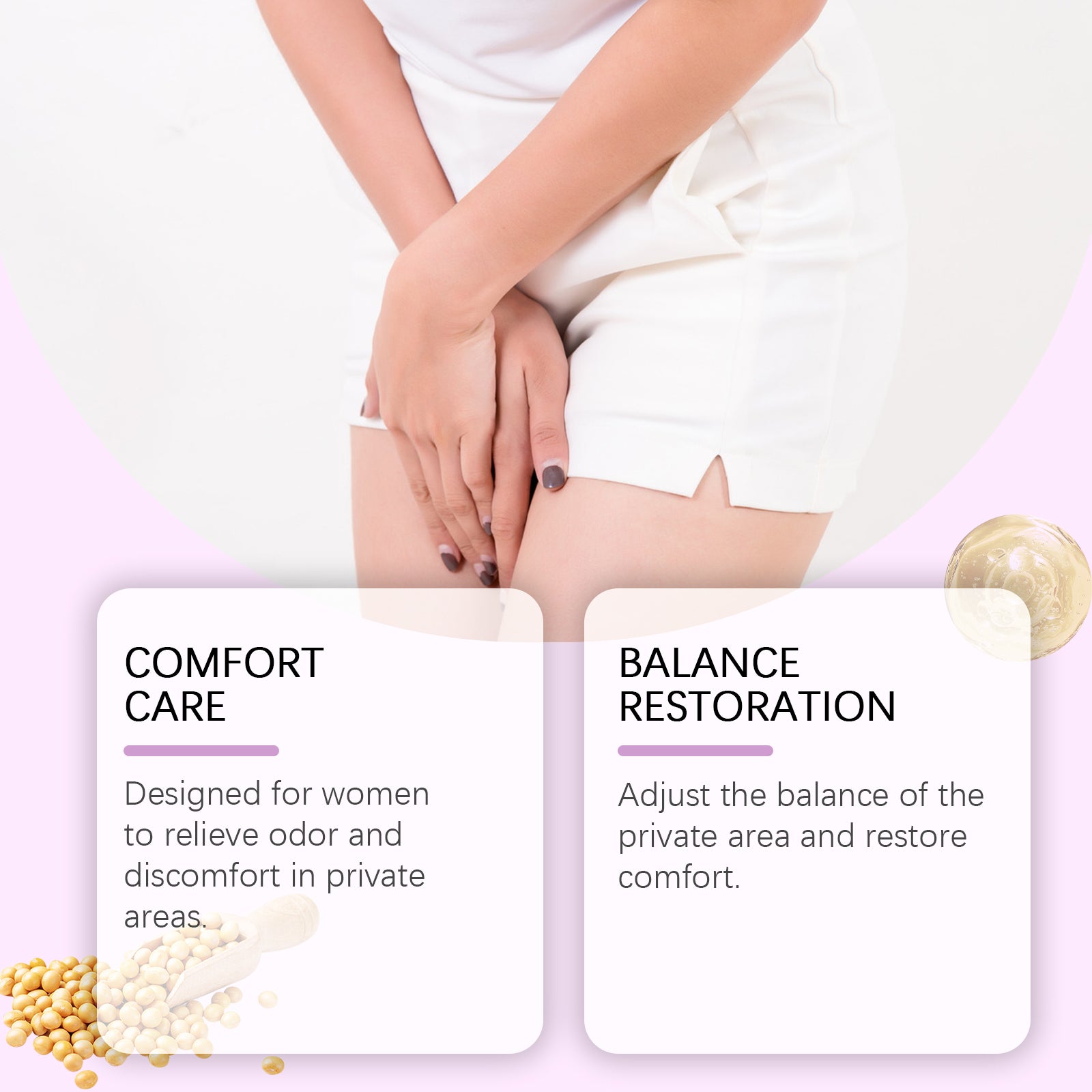 Woman in white clothing with hands on intimate area showing two benefit cards: 'Comfort Care' and 'Balance Restoration' with ingredient visuals
