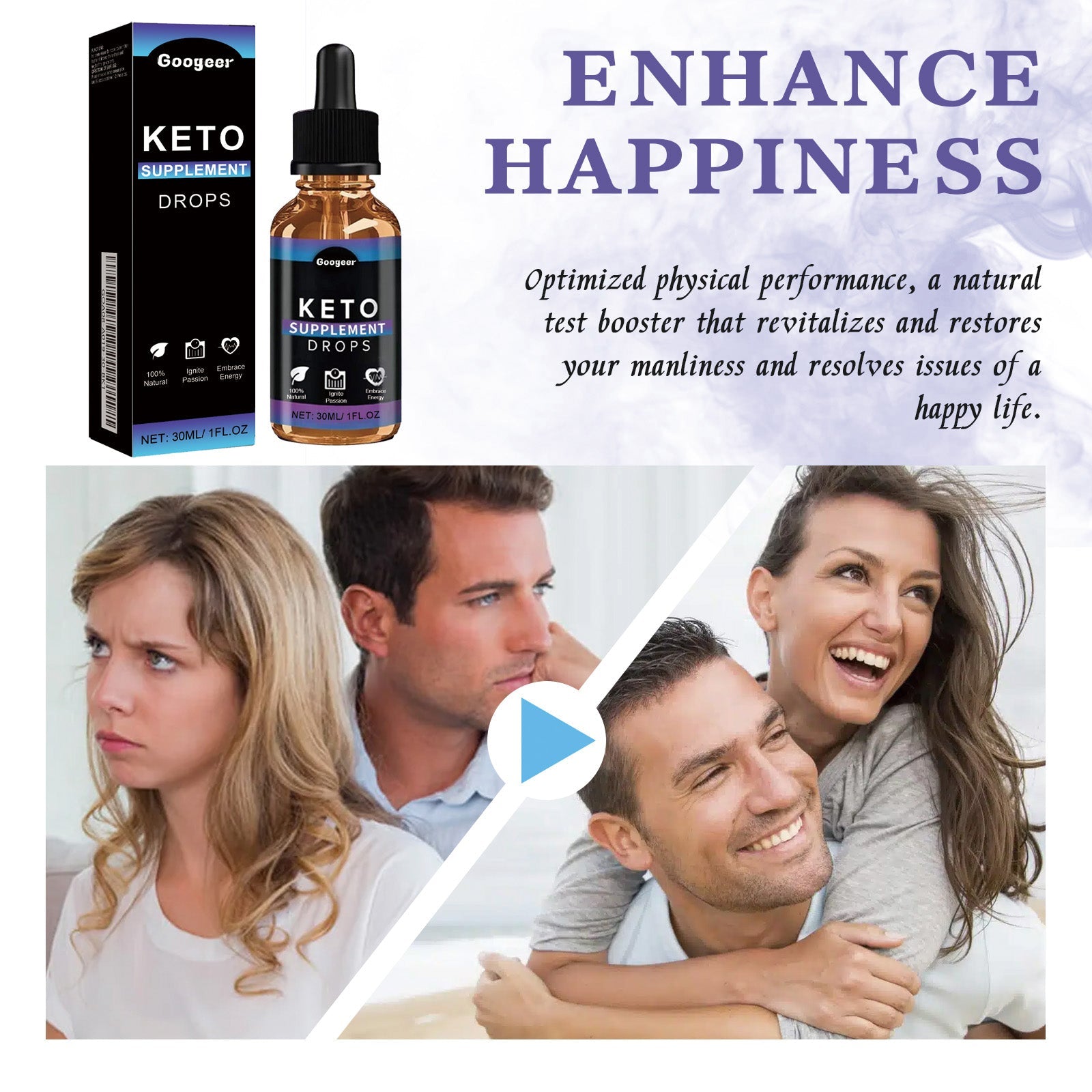 Before/after testimonial grid showing four people: sad woman, confident man, before couple, and happy couple; play button overlay; 'ENHANCE HAPPINESS' headline with benefits text