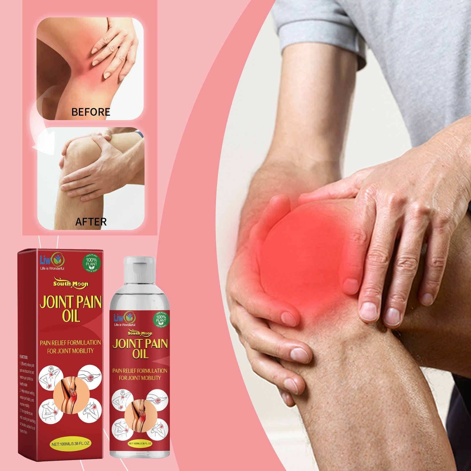 Before and after comparison showing neck/shoulder pain relief and knee inflammation reduction with product bottles displayed