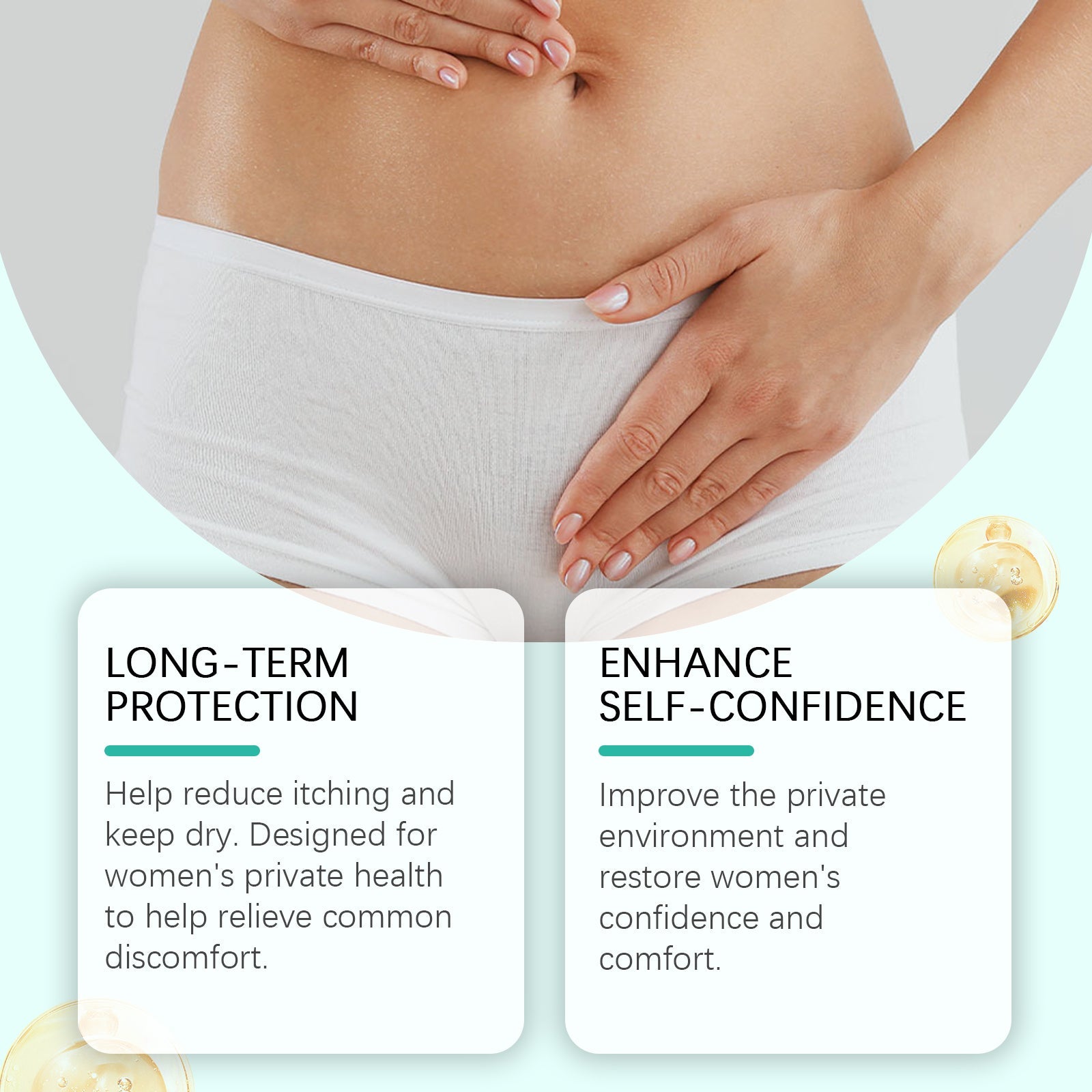 Close-up of woman's midsection with hands on intimate area, showcasing key benefits: long-term protection and enhanced self-confidence with supporting text