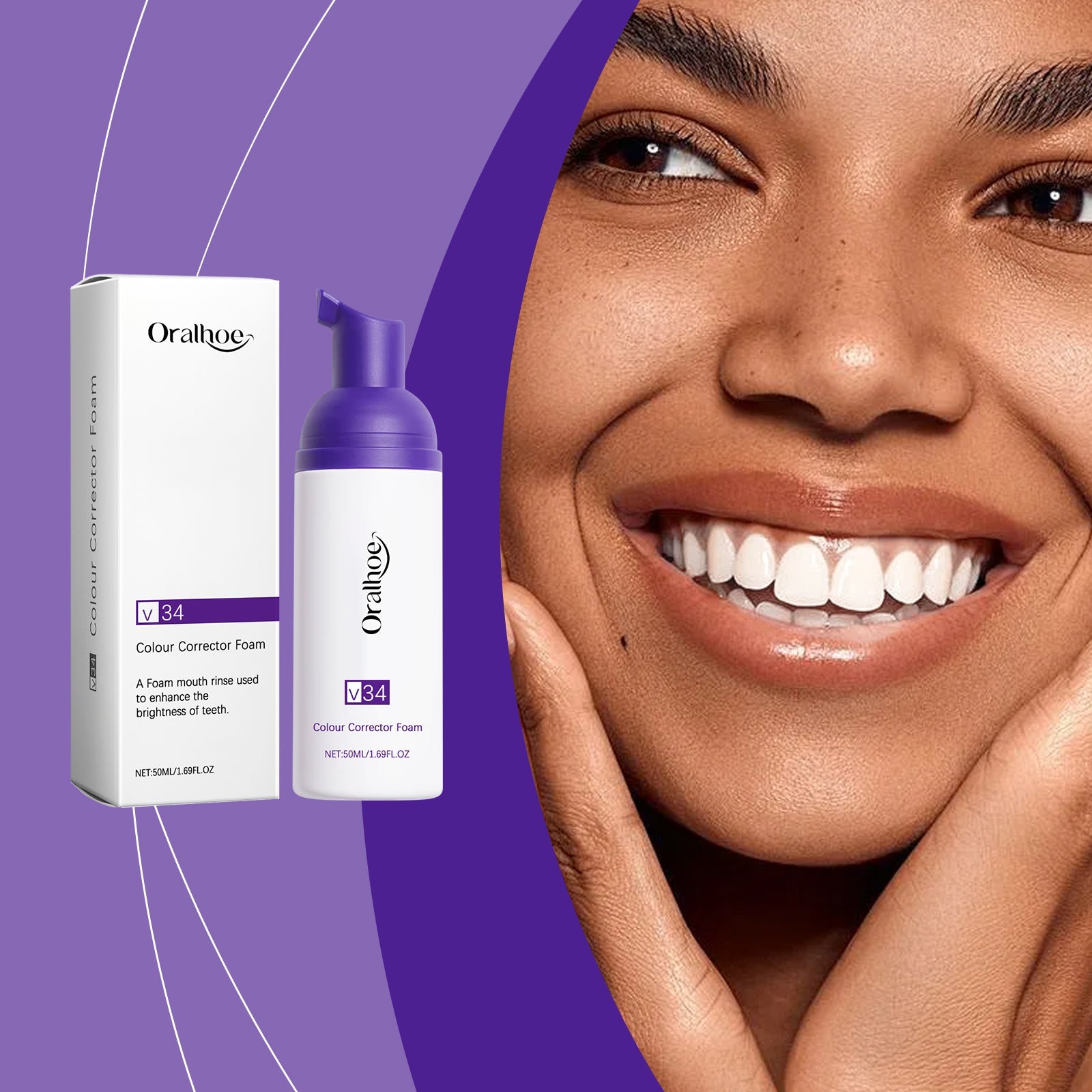 Oralhoe Colour Corrector Foam v34 with white box and white bottle with purple pump displayed side-by-side