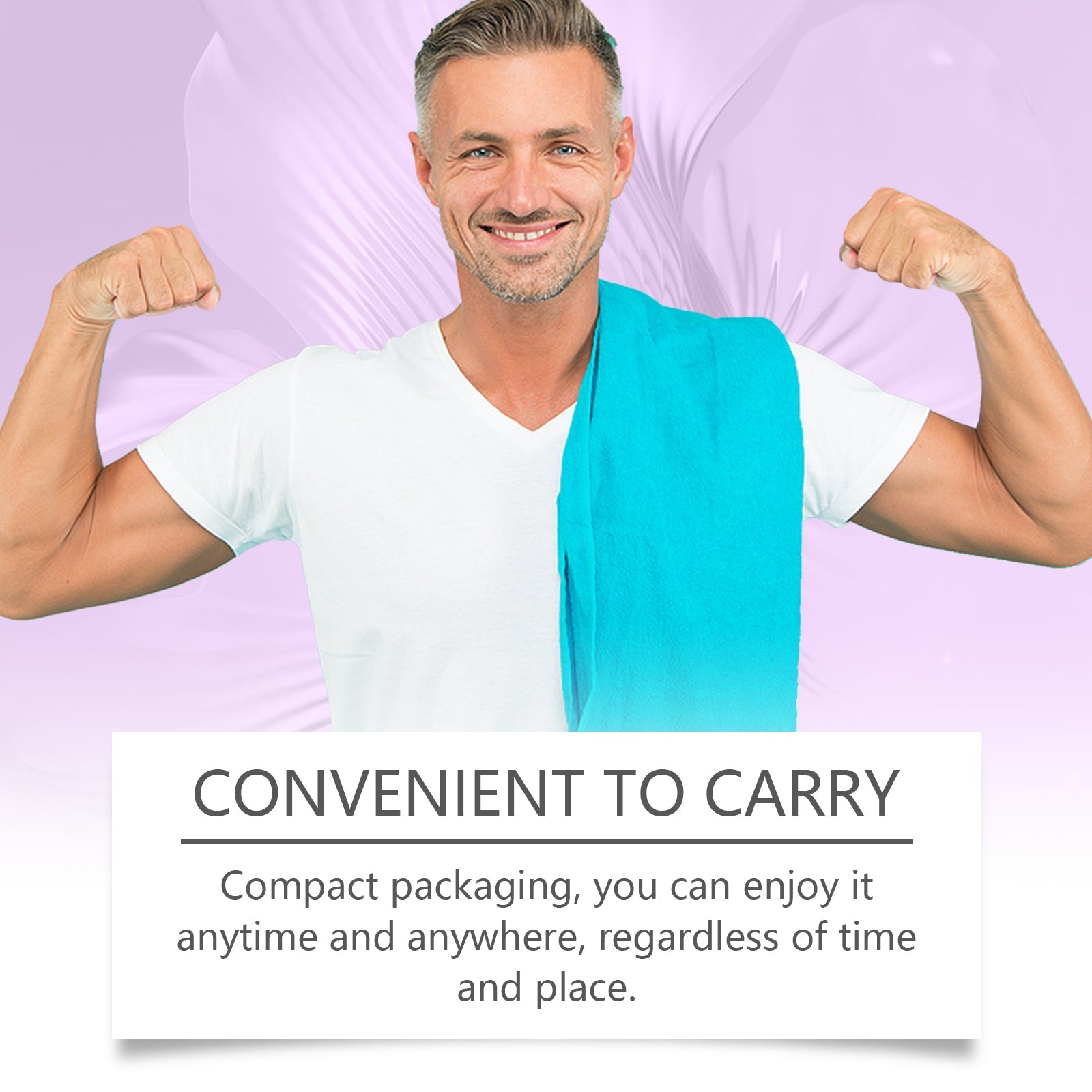 Man flexing biceps against purple gradient background with 'Convenient to Carry' messaging