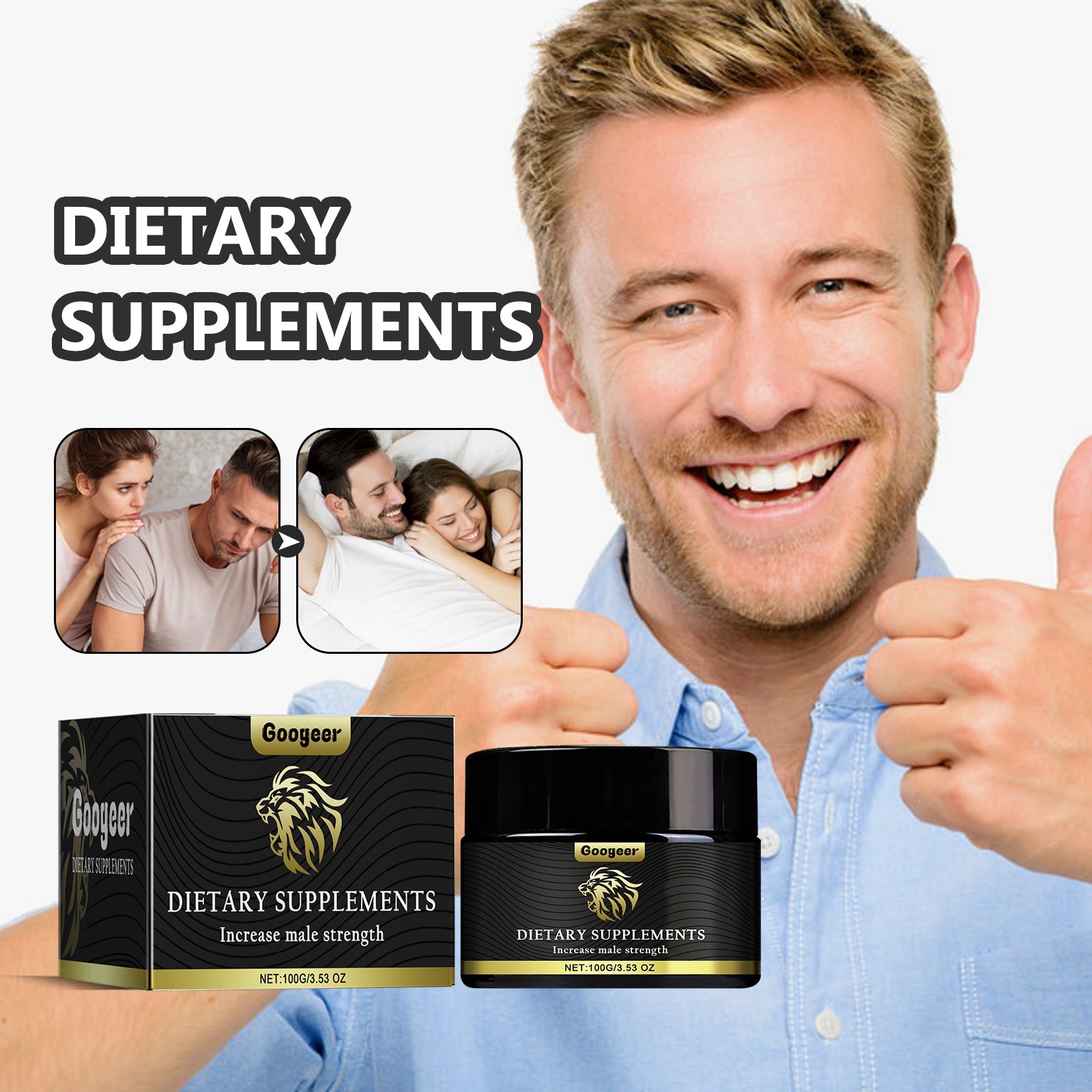 Coogeer Dietary Supplements luxury black jar and box with gold lion logo and gold accent band